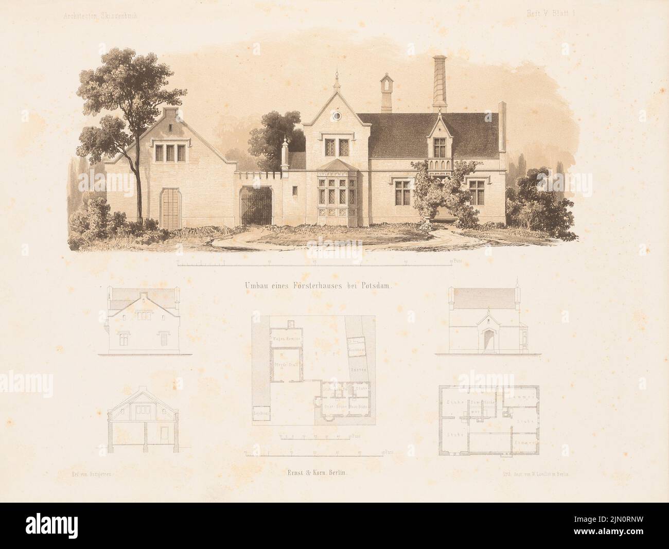 Gottgetreu Rudolf Wilhelm (1821-1890), conversion of a forester's house, Potsdam. (From: Architectural sketchbook, H. 5, 1852.) (1852-1852): site plan, floor plan, views, cross-section. Lithography colored on paper, 24.9 x 33.1 cm (including scan edges) Gottgetreu Rudolf Wilhelm  (1821-1890): Umbau eines Försterhauses, Potsdam. (Aus: Architektonisches Skizzenbuch, H. 5, 1852) Stock Photo