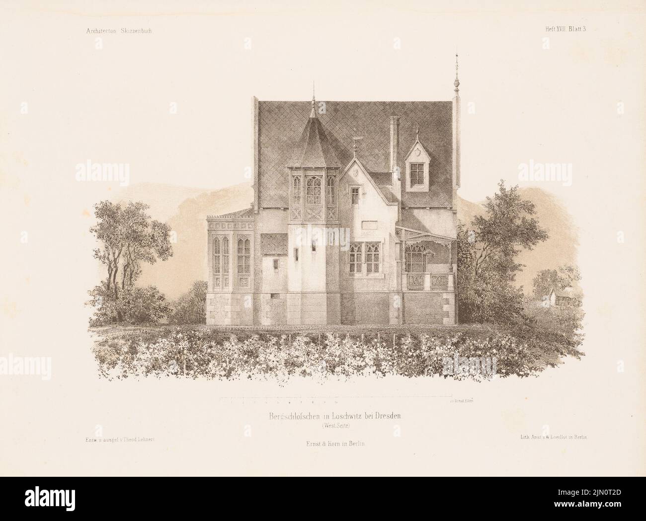 Lehnert Theodor, Bergschlösschen, Dresden-Loschwitz. (From: Architectural sketchbook, H. 17, 1854.) (1854-1854): View. Lithography colored on paper, 24.5 x 33.2 cm (including scan edges) Lehnert Theodor : Bergschlösschen, Dresden-Loschwitz. (Aus: Architektonisches Skizzenbuch, H. 17, 1854) Stock Photo