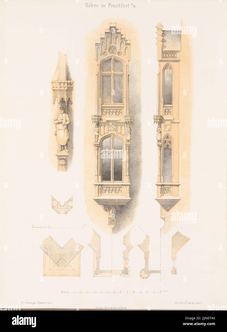 Pichter, Erker, Frankfurt/Main. (From: Architectural sketchbook, H. 29, 1857.) (1857-1857): View, side view, cuts, detail. Lithography colored on paper, 67 x 49.1 cm (including scan edges) Pichter : Erker, Frankfurt/Main. (Aus: Architektonisches Skizzenbuch, H. 29, 1857) Stock Photo