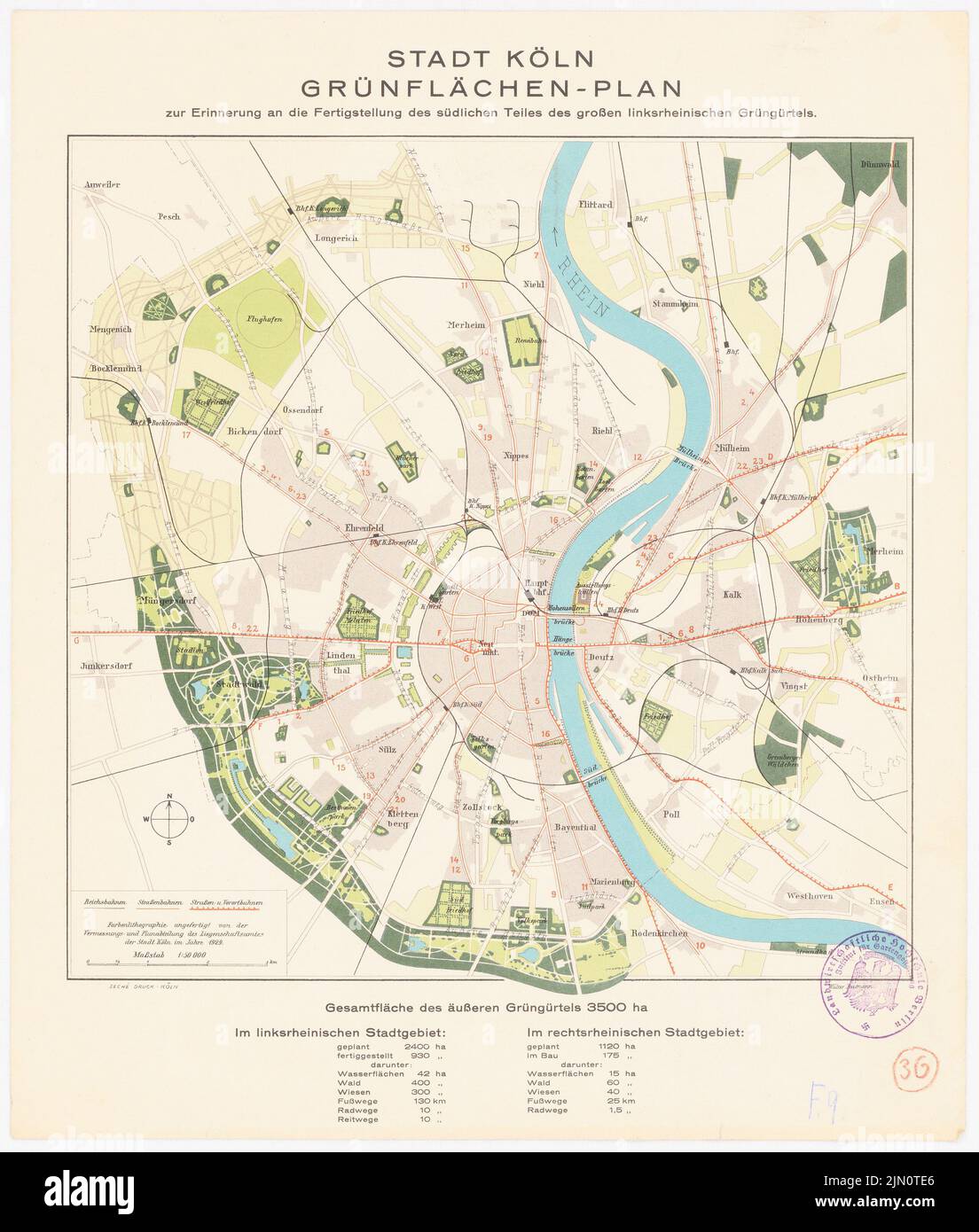 Surveying Office in Cologne, green space plan, Cologne (1929): Department 1: 50000. Lithography colored on paper, 38.2 x 32.5 cm (including scan edges) Vermessungsamt Köln : Grünflächenplan, Köln Stock Photo
