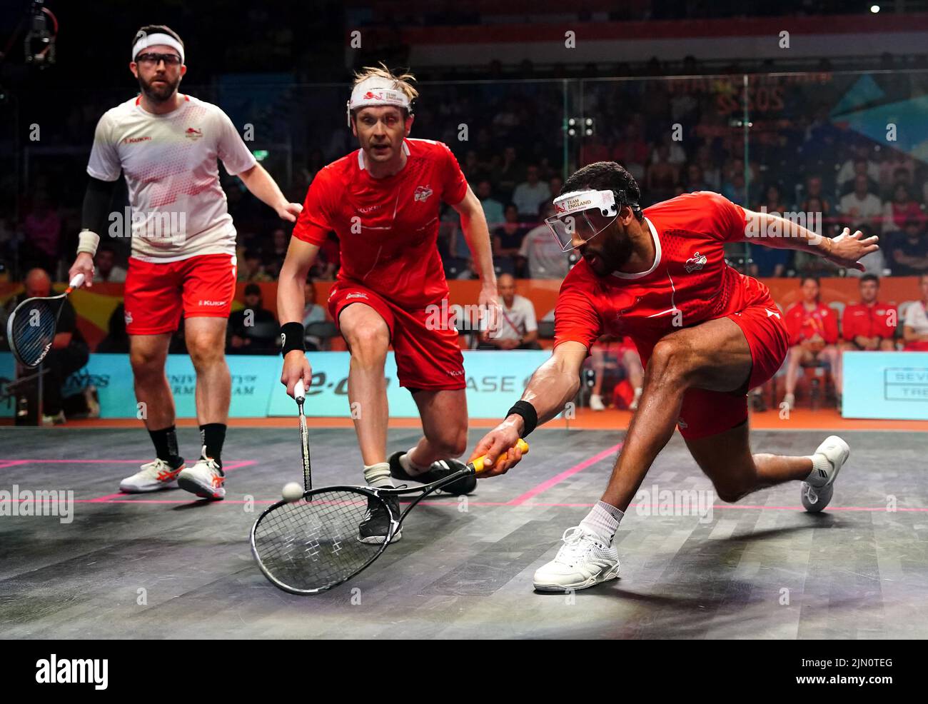 England's James Willstrop and Declan James in the Men's Squash Doubles Gold medal match against England's Adrian Waller and Daryl Selby at the University of Birmingham Hockey and Squash Centre on day eleven of the 2022 Commonwealth Games in Birmingham. Picture date: Monday August 8, 2022. Stock Photo