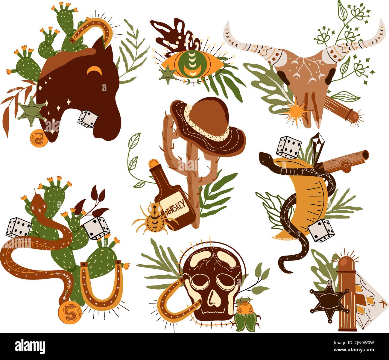 Set Wild west composition with cowboy hat, playing cards, an animal skull, a mystical snake, dice, gun and other. Further Old West in flat style. Vector illustration. Stock Vector