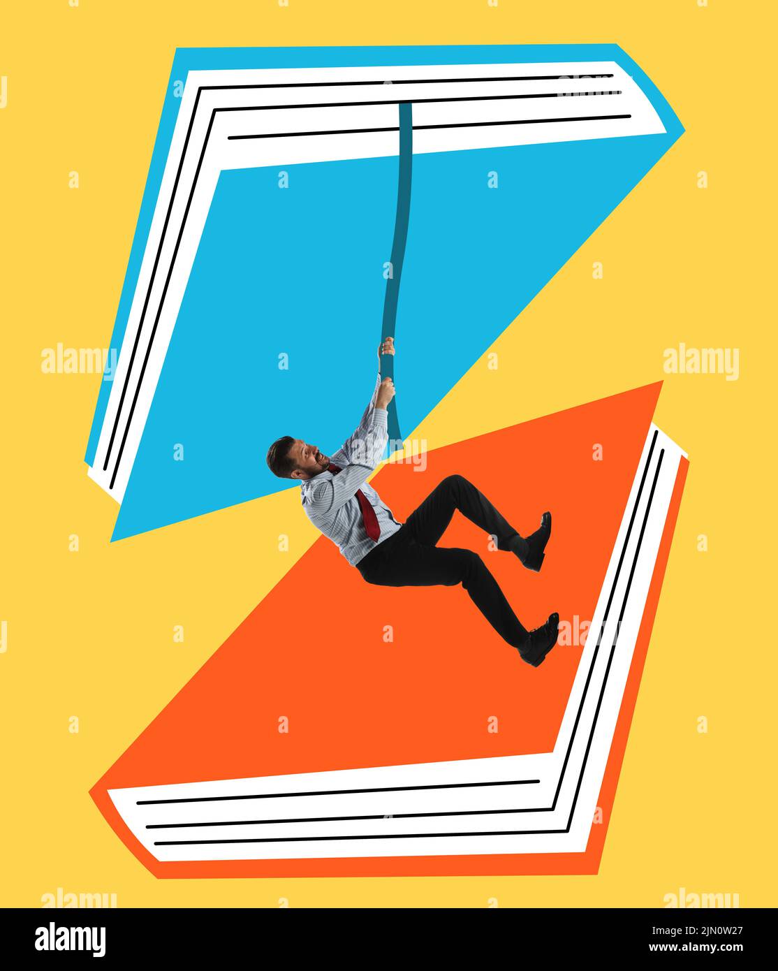Young business man climbing rope from one book to another one over yellow background. Contemporary artwork. Concept of studying, reading, culture, art Stock Photo