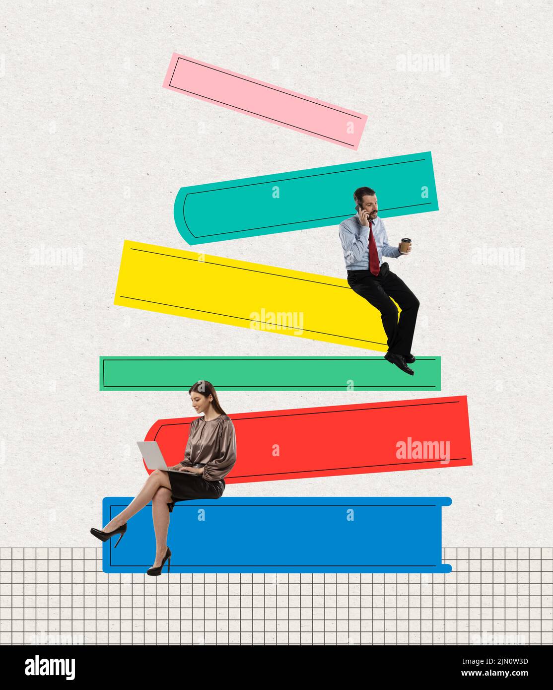 Creative image with man and woman sitting on drawn pile books over light background. Contemporary artwork. Stock Photo
