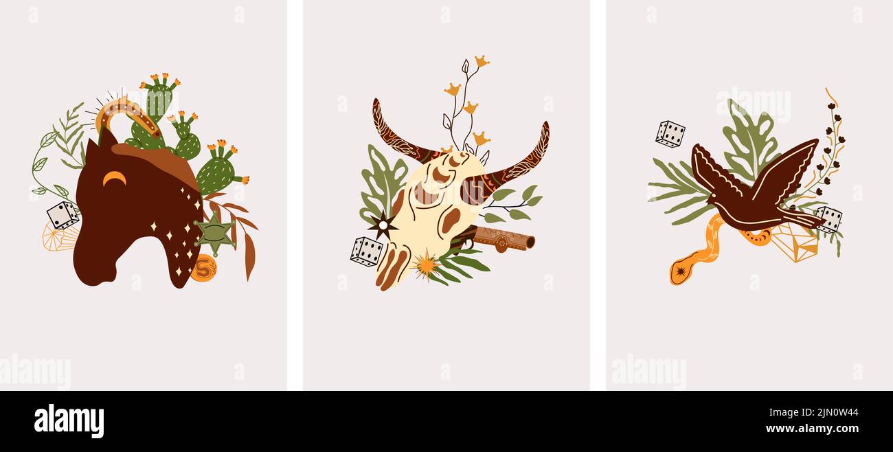 Set a Wild West composition with wild horse head, flying eagle, animal skull, mystical snake and others. Further Old West in flat style. Vector illustration Stock Vector