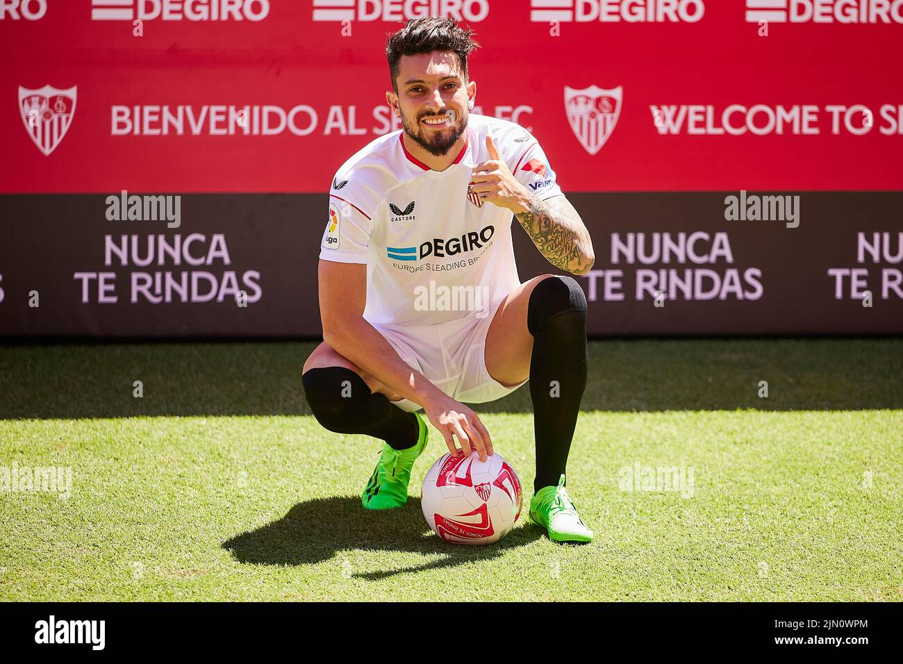 Seville, Spain. 08th Aug, 2022. Sevilla FC present the Brazilian footballer Alex Telles as a new signing at a press conference at the Ramon Sanchez-Pizjuan stadium in Seville. Alex Telles joins Sevilla FC on a loan deal from Manchester United. (Photo Credit: Gonzales Photo/Alamy Live News Stock Photo