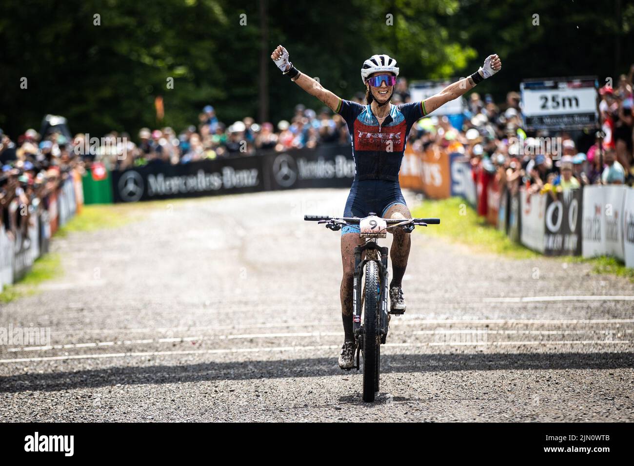 Jolanda Neff of Switzerland celebrates victory after the Mercedes Benz UCI Mountain Bike World Cup cross-country in Mont-Sainte-Anne, Canada, August 7 Stock Photo
