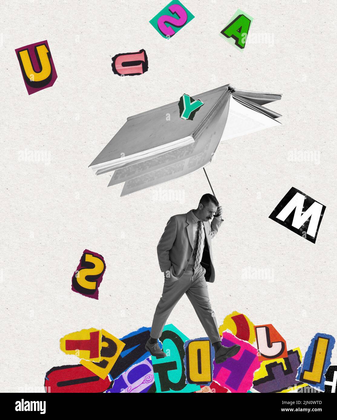 Contemporary art collage with sad man walking with book-umbrella. Concept of studying, reading, culture, art and education Stock Photo