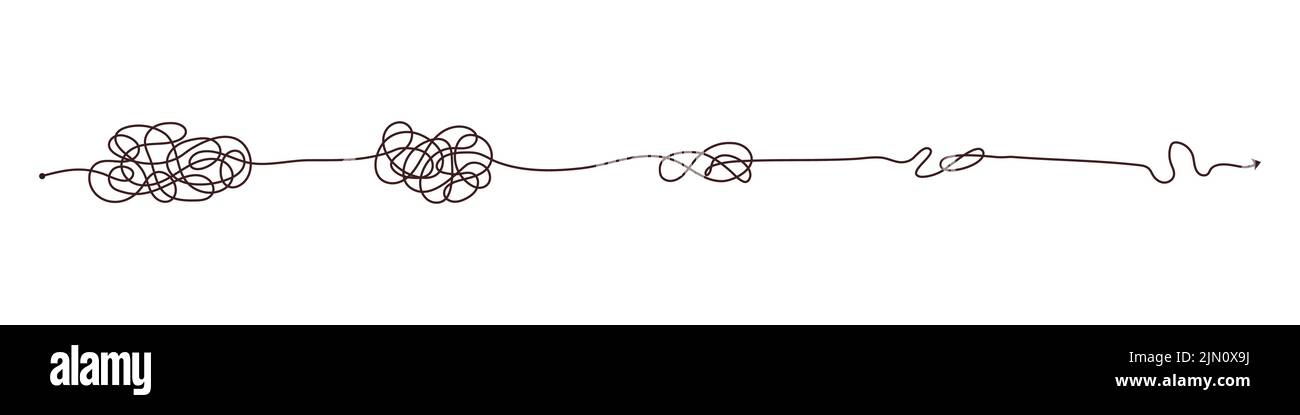 Simple line and complex easy way. Scribble doodle chaos mindset. Problem solving, difficult line. Vector hand drawn concept path Stock Vector