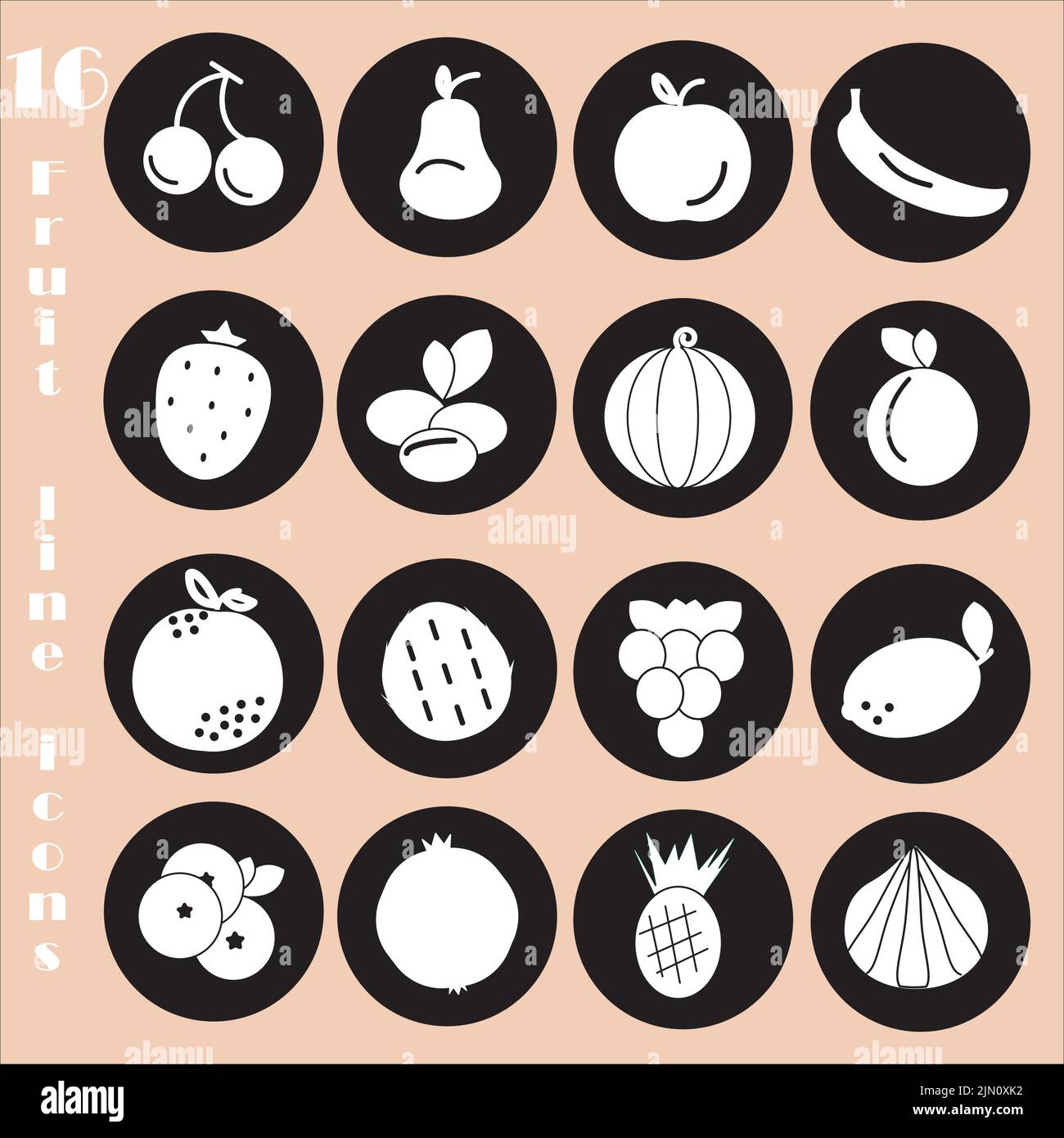 Collection of sixteen white fruit icons on the black stickers. Nice ...