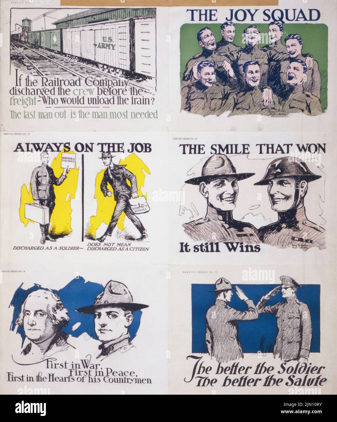The Joy Squad, Always on the Job, The Smile That Won It Still Wins, First in War First in Peace, The better the soldier, the better the salute (1918) American World War I era posters by Harry S. Mueller Stock Photo