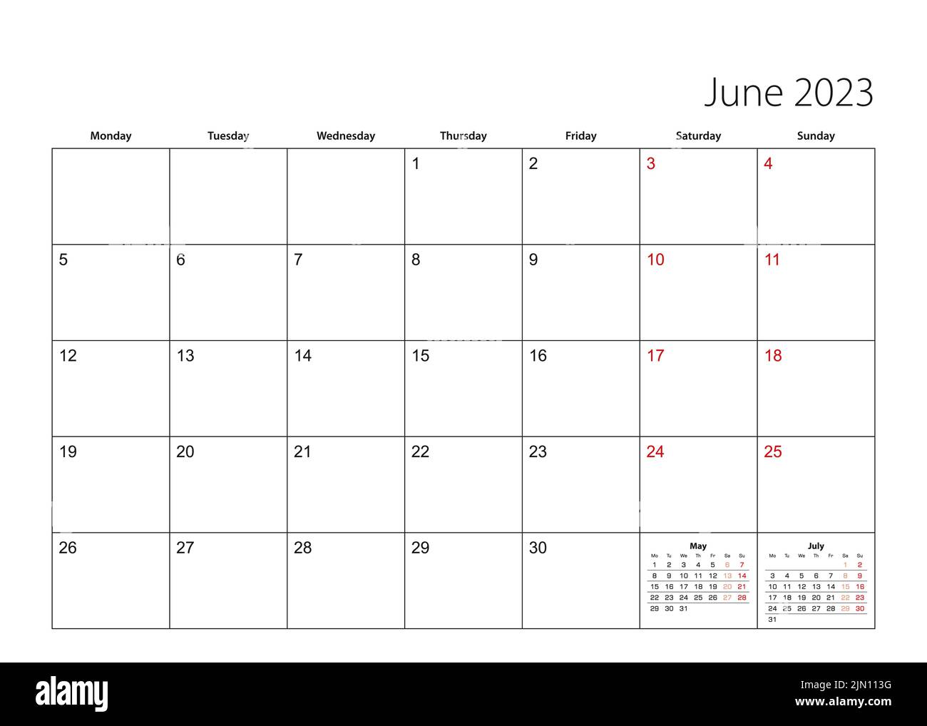 June 2023 simple calendar planner, week starts from Monday. Vector