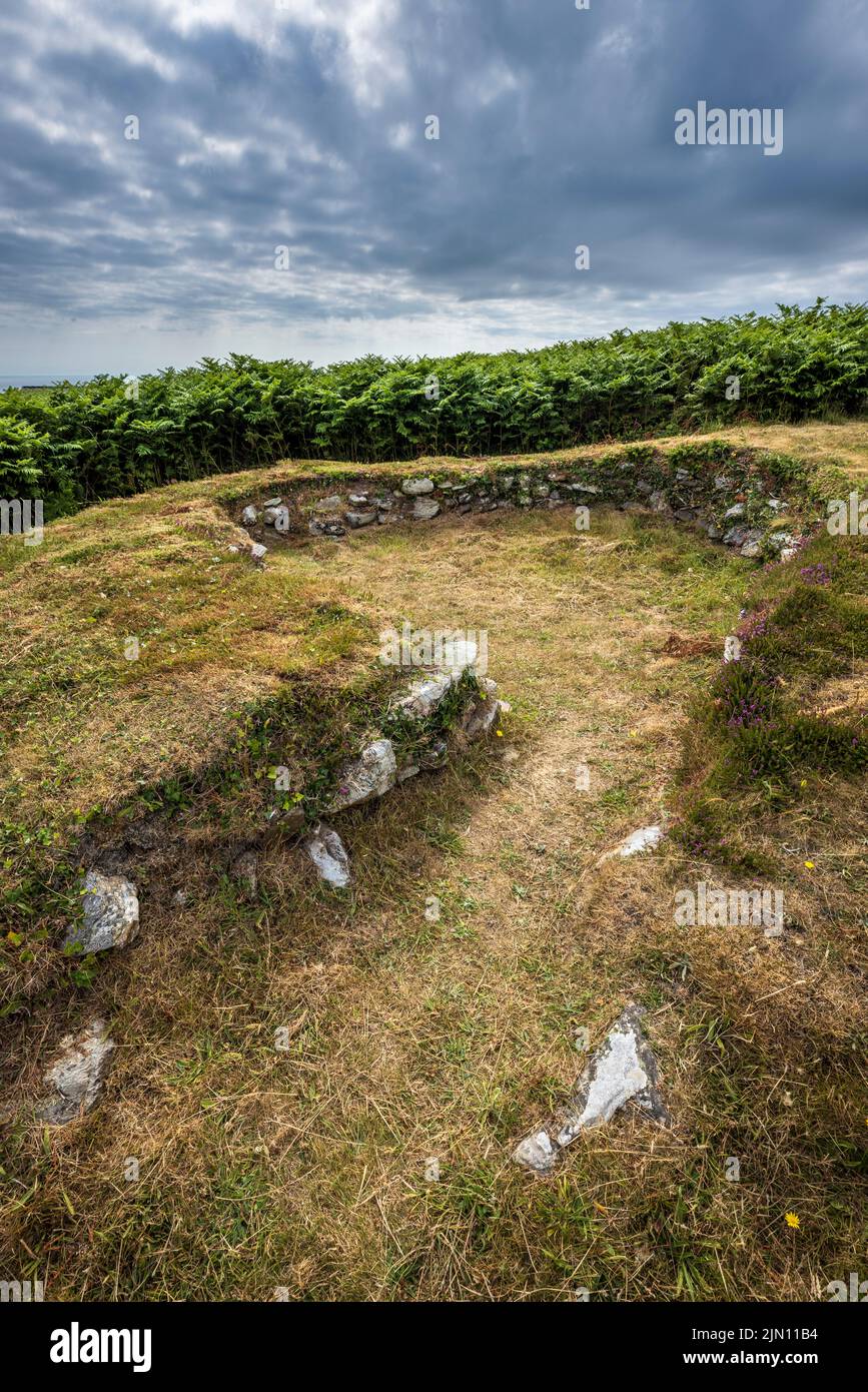The remains of an Iron Age Hut Circle near Holyhead Mountain on Holy Island, Anglesey, North Wales Stock Photo