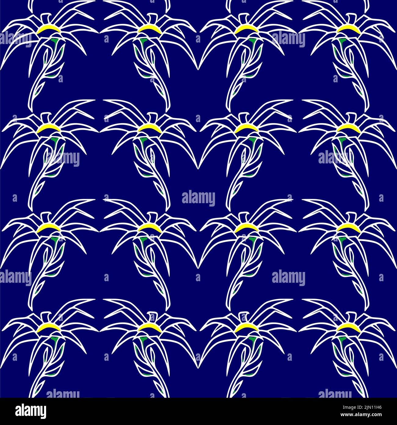 seamless floral pattern of white contour flowers on a blue background ...