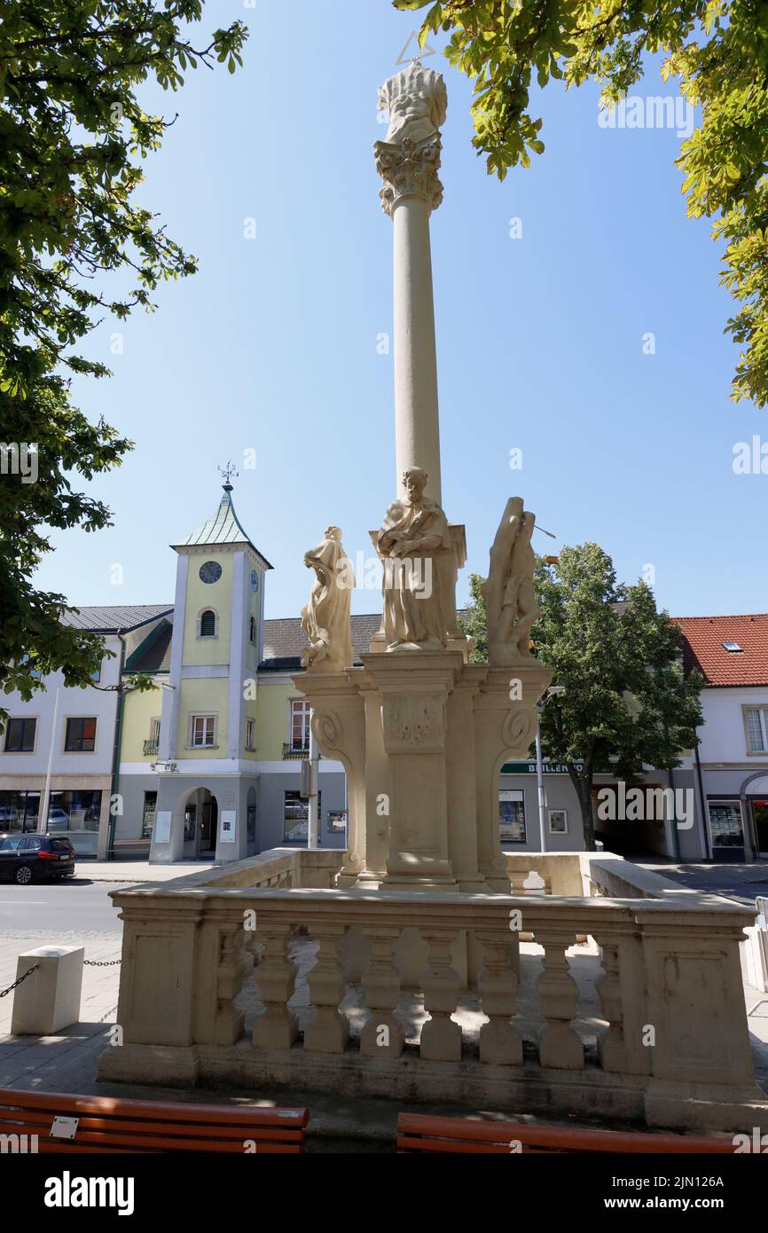 The trinity column and town hall of Neusiedl am See. Burgenland, Austria Stock Photo