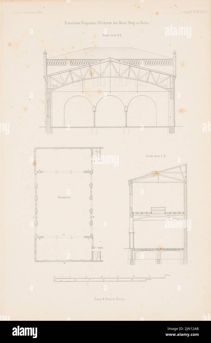 N.N., Railway car building workshop F.A. Pflug, Berlin. (From: Atlas to the magazine for Building, ed. V. G. Erbkam, Jg. 4, 1854.) (1854-1854): floor plan, cut A B, cut C D. Stich on paper, 42.6 x 28.1 cm (including scan edges) N.N. : Eisenbahnwagen-Bauwerkstatt F.A. Pflug, Berlin. (Aus: Atlas zur Zeitschrift für Bauwesen, hrsg. v. G. Erbkam, Jg. 4, 1854) Stock Photo