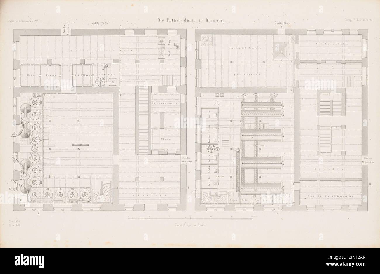 Wulff, Rother-Mühle, Bromberg. (From: Atlas to the magazine for Building, ed. V. G. Erbkam, Jg. 5, 1855.) (1855-1855): Grundriss 1st floor, 2nd floor. Stitch on paper, 29.4 x 45 cm (including scan edges) Wulff : Rother-Mühle, Bromberg. (Aus: Atlas zur Zeitschrift für Bauwesen, hrsg. v. G. Erbkam, Jg. 5, 1855) Stock Photo