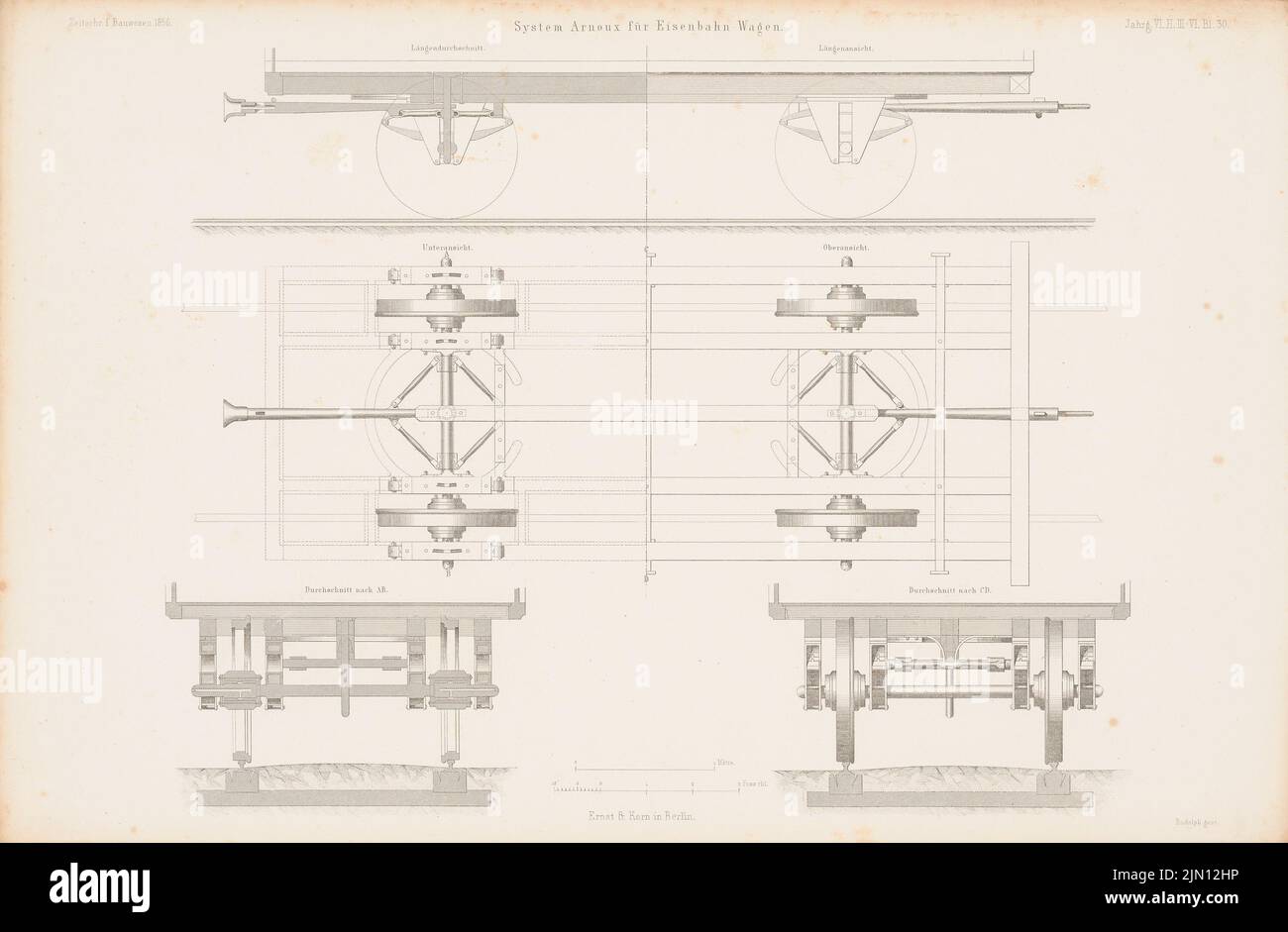 N.N., Railway car according to the Arnoux system. (From: Atlas to the magazine for Building, ed. V. G. Erbkam, Jg. 6, 1856.) (1856-1856): View from above, view from below, cut a b, cut C D, longitudinal section. Stitch on paper, 29.6 x 45.2 cm (including scan edges) N.N. : Eisenbahnwagen nach dem System von Arnoux. (Aus: Atlas zur Zeitschrift für Bauwesen, hrsg. v. G. Erbkam, Jg. 6, 1856) Stock Photo
