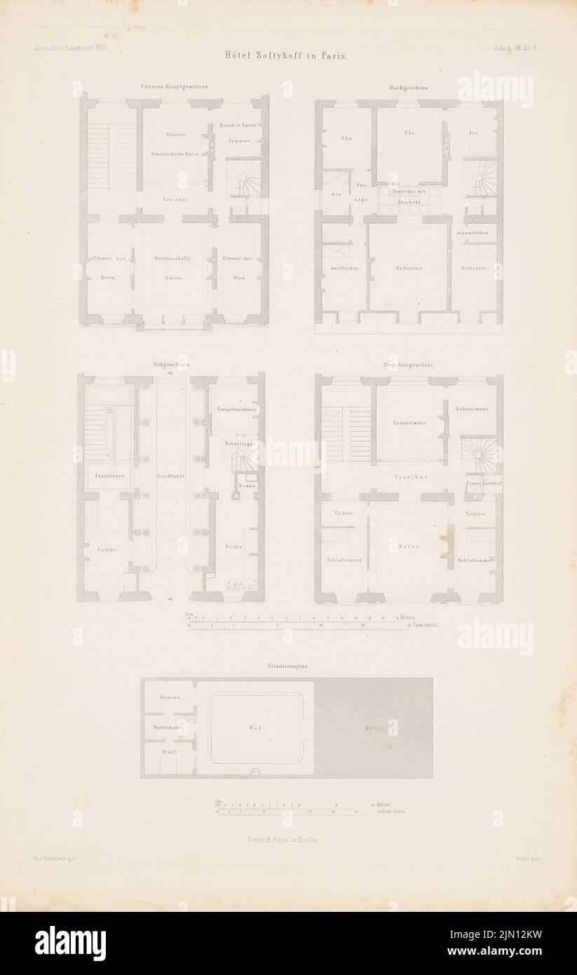 Pokutynski Ph. Von, Hotel Soltykoff, Paris. (From: Atlas to the magazine for Building, ed. V. G. Erbkam, Jg. 7, 1857.) (1857-1857): site plan, floor plan eG, lower main floor, upper floor, roof. Stitch on paper, 45.3 x 28.7 cm (including scan edges) Pokutynski Filip  (1829-1879): Hotel Soltykoff, Paris. (Aus: Atlas zur Zeitschrift für Bauwesen, hrsg. v. G. Erbkam, Jg. 7, 1857) Stock Photo