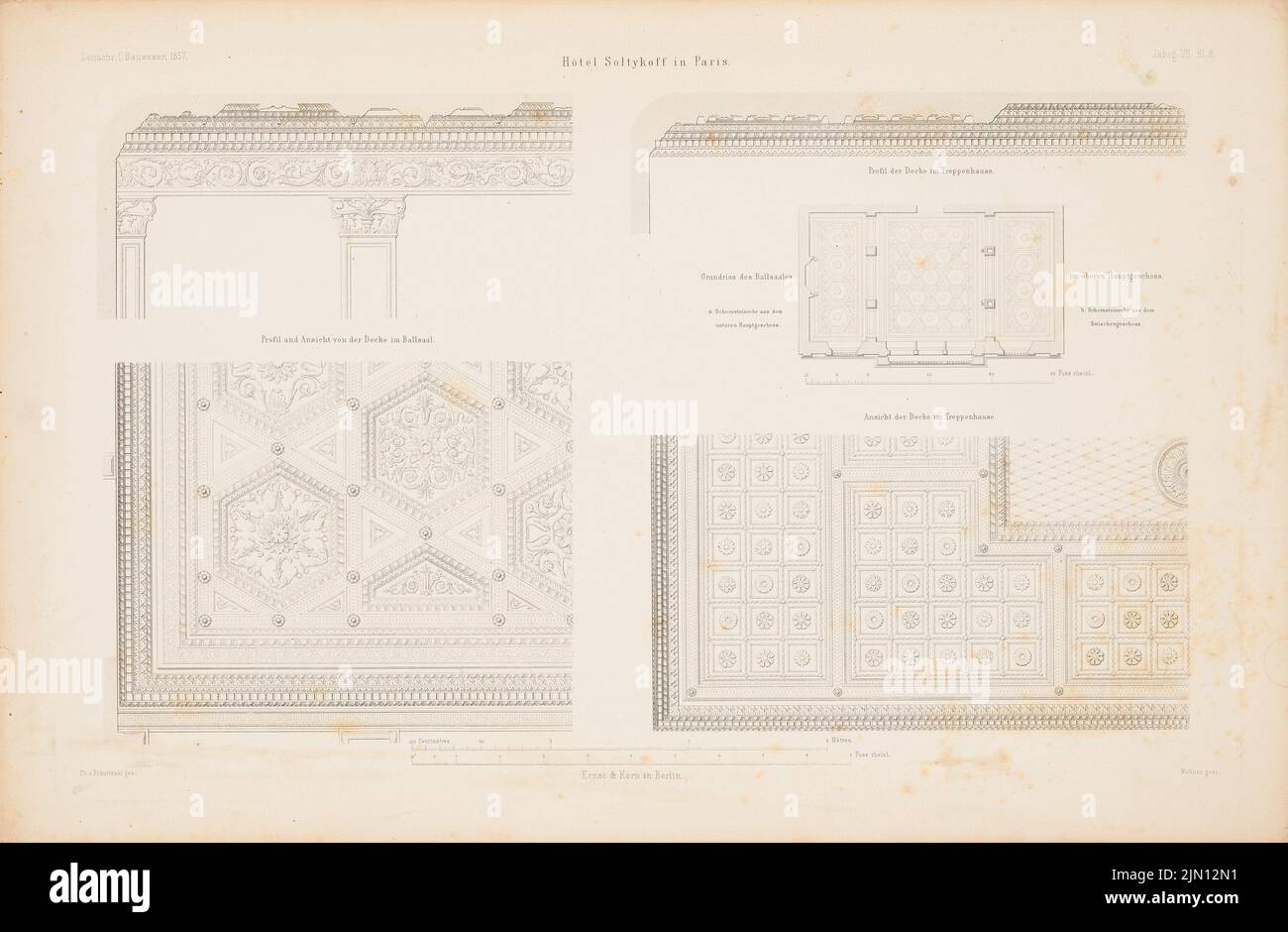 Pokutynski Ph. Von, Hotel Soltykoff, Paris. (From: Atlas to the magazine for Building, ed. V. G. Erbkam, Jg. 7, 1857.) (1857-1857): floor plan ballroom, views, cover details. Stitch on paper, 29.8 x 45.5 cm (including scan edges) Pokutynski Filip  (1829-1879): Hotel Soltykoff, Paris. (Aus: Atlas zur Zeitschrift für Bauwesen, hrsg. v. G. Erbkam, Jg. 7, 1857) Stock Photo