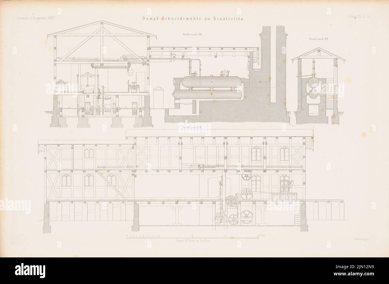N.N., Steam Schneidemühle, Neustrelitz. (From: Atlas to the magazine for Building, ed. V. G. Erbkam, Jg. 7, 1857.) (1857-1857): Cut A B, Cutting C D, Cutting E F. Stich on paper, 29.6 x 44, 6 cm (including scan edges) N.N. : Dampfschneidemühle, Neustrelitz. (Aus: Atlas zur Zeitschrift für Bauwesen, hrsg. v. G. Erbkam, Jg. 7, 1857) Stock Photo