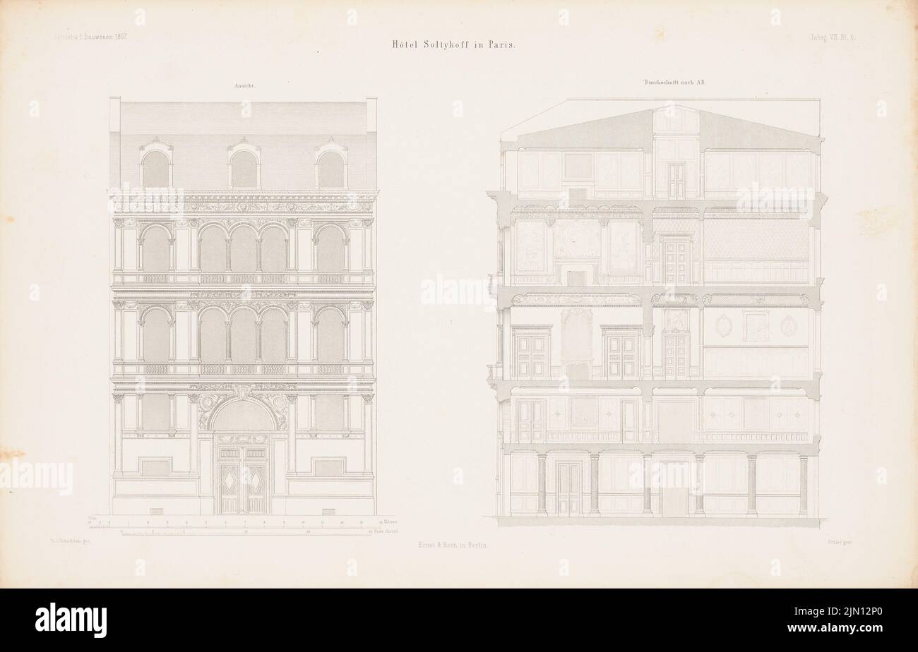Pokutynski Ph. Von, Hotel Soltykoff, Paris. (From: Atlas to the magazine for Building, ed. V. G. Erbkam, Jg. 7, 1857.) (1857-1857): View, cut A B. stitch on paper, 29.2 x 45.5 cm (incl. . Scan edges) Pokutynski Filip  (1829-1879): Hotel Soltykoff, Paris. (Aus: Atlas zur Zeitschrift für Bauwesen, hrsg. v. G. Erbkam, Jg. 7, 1857) Stock Photo