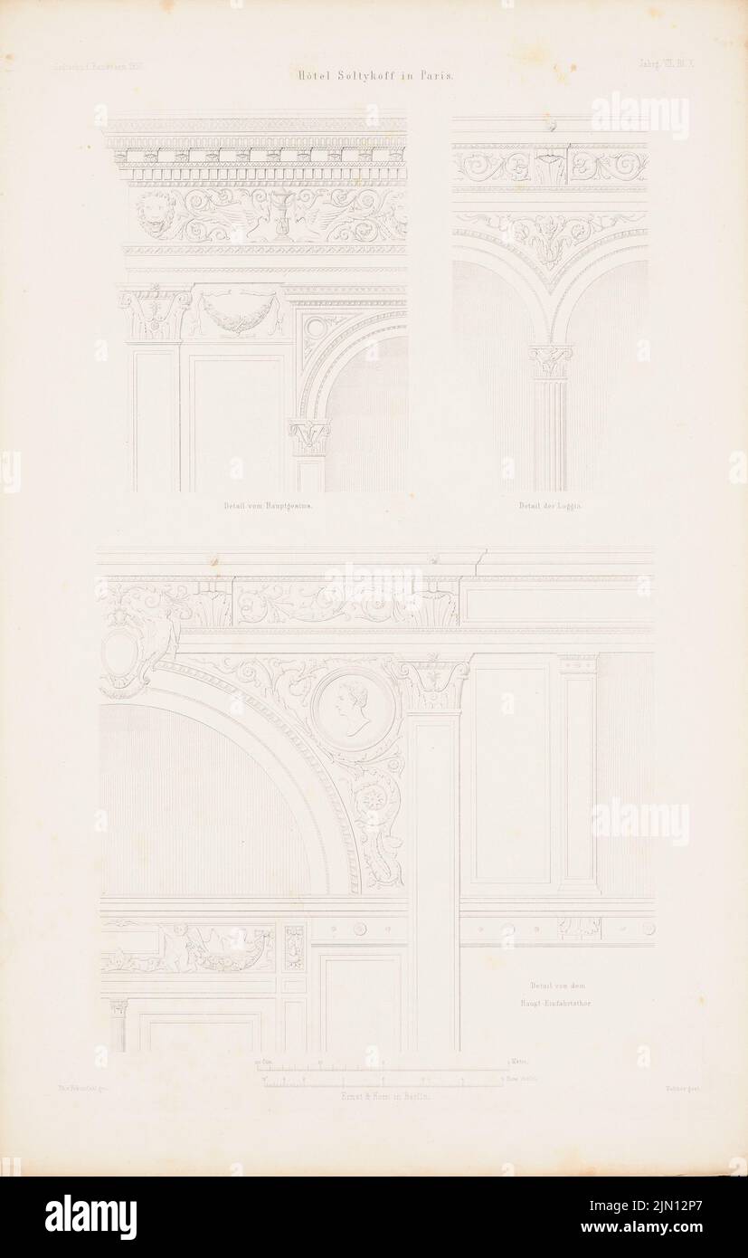 Pokutynski Ph. Von, Hotel Soltykoff, Paris. (From: Atlas to the magazine for Building, ed. V. G. Erbkam, born 7, 1857.) (1857-1857): Details cornice, entrance gate. Stitch on paper, 45.7 x 29.1 cm (including scan edges) Pokutynski Filip  (1829-1879): Hotel Soltykoff, Paris. (Aus: Atlas zur Zeitschrift für Bauwesen, hrsg. v. G. Erbkam, Jg. 7, 1857) Stock Photo