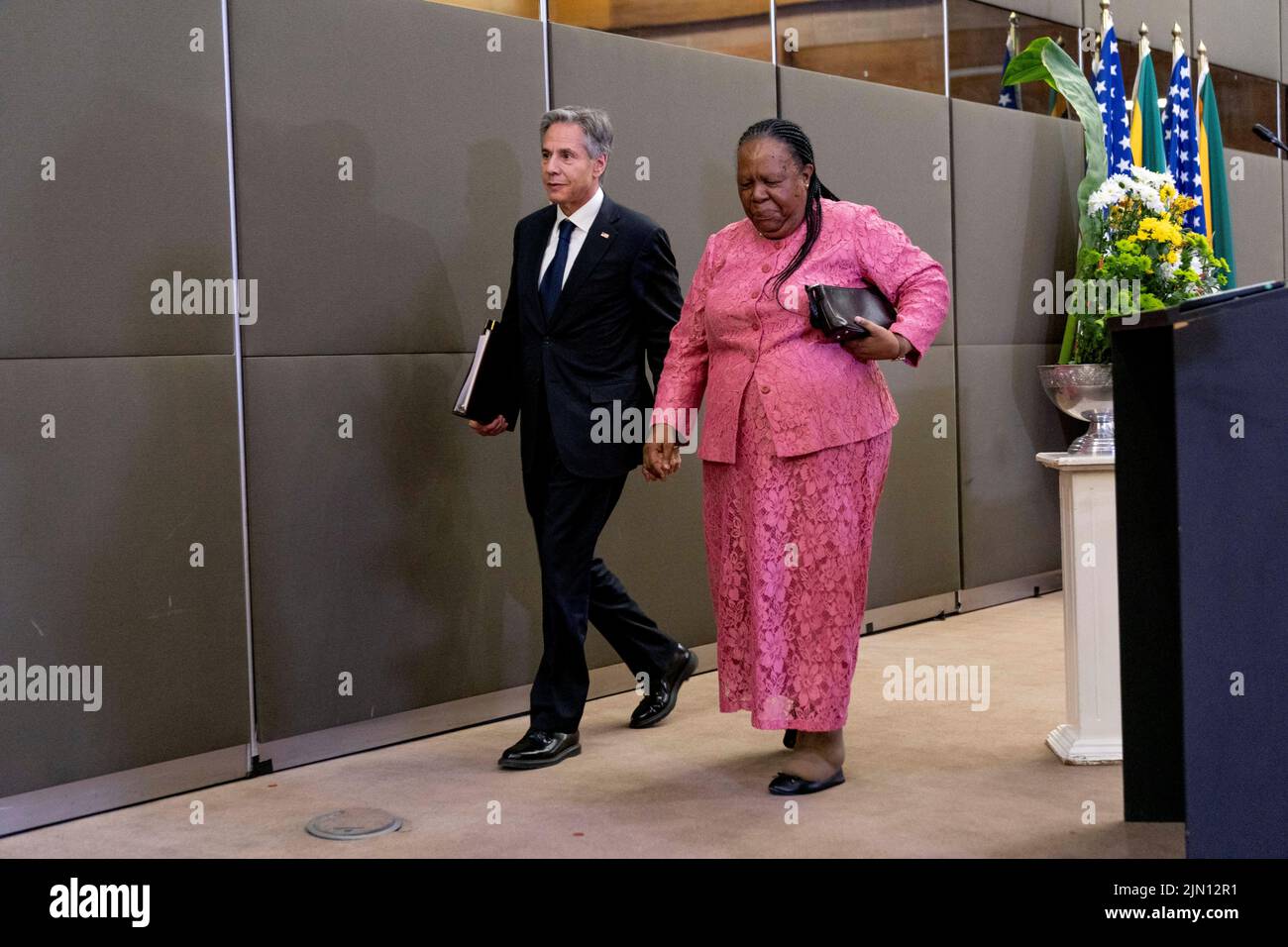 U.S. Secretary of State Antony Blinken and South Africa's Foreign Minister Naledi Pandor depart following a news conference after a meeting at the South African Department of International Relations and Cooperation, in Pretoria, South Africa, August 8, 2022. Andrew Harnik/Pool via REUTERS Stock Photo