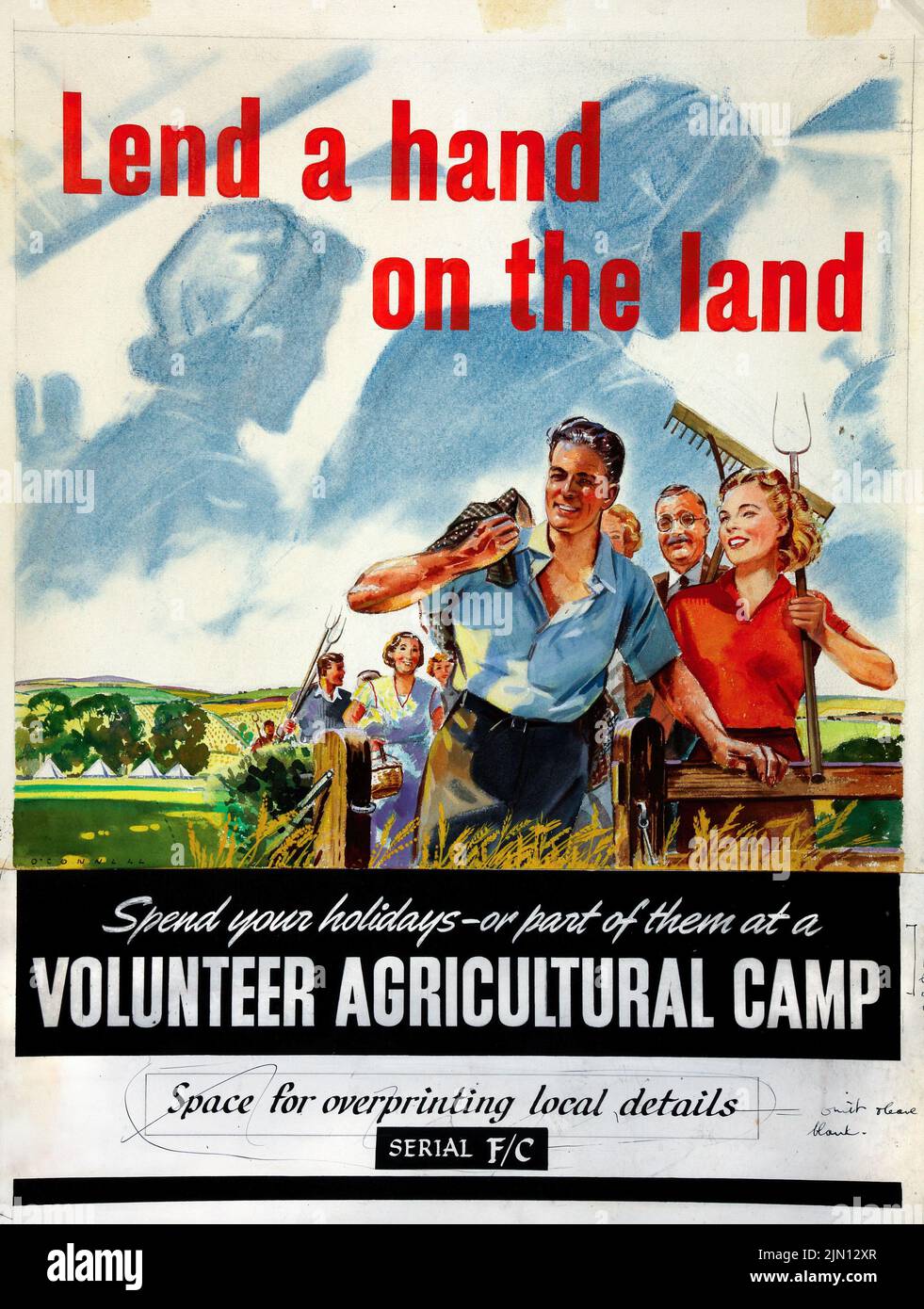 Lend a hand on the land. Spend your holidays – or part of them at a Volunteer Agricultural Camp (1939-1946) British World War II era poster by O'Connell Stock Photo
