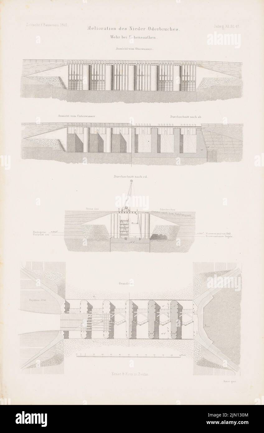 N.N., Melioration of the Niederoderbruch. (From: Atlas to the magazine for Building, ed. V. G. Erbkam, Jg. 12, 1862.) (1862-1862): floor plan, views, cut c d, cut a b wehr at Hohensaathen. Stitch on paper, 45.3 x 29.6 cm (including scan edges) N.N. : Melioration des Niederoderbruchs. (Aus: Atlas zur Zeitschrift für Bauwesen, hrsg. v. G. Erbkam, Jg. 12, 1862) Stock Photo