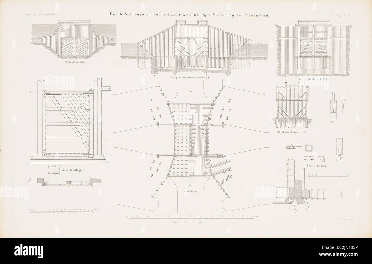 N.N., Deichschleuse, Neuchâtel. (From: Atlas to the magazine for Building, ed. V. G. Erbkam, Jg. 8, 1858.) (1858-1858): floor plan, view from the front, longitudinal section A B, cut C D, Details. Stitch on paper, 29.1 x 45.4 cm (including scan edges) N.N. : Deichschleuse, Neuenburg. (Aus: Atlas zur Zeitschrift für Bauwesen, hrsg. v. G. Erbkam, Jg. 8, 1858) Stock Photo
