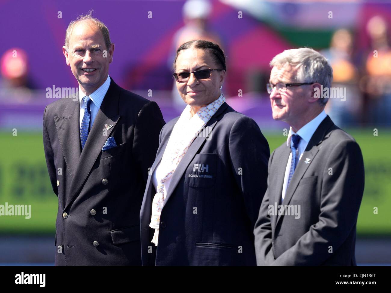The Earl of Wessex, Prince Edward (left), International Hockey Federation board member Hazel Kennedy and Commonwealth Games Federation vice-president Chris Jenkins before presenting the medals after the Men's Bronze and Gold medal matches at the University of Birmingham Hockey and Squash Centre on day eleven of the 2022 Commonwealth Games in Birmingham. Picture date: Monday August 8, 2022. Stock Photo
