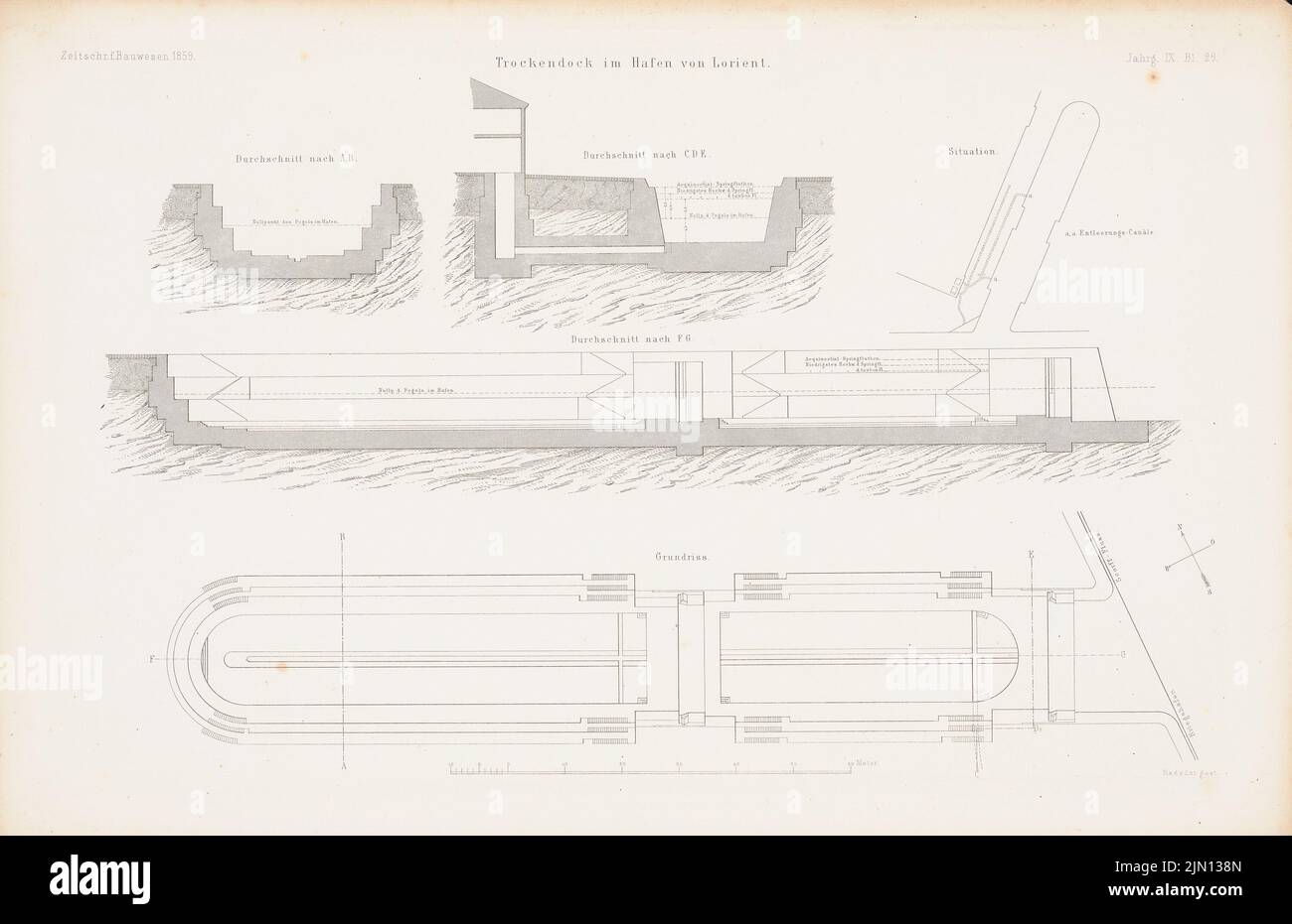 N.N., dry dock in the harbor, Lorient. (From: Atlas to the magazine for Building, ed. V. G. Erbkam, Jg. 9, 1859.) (1859-1859): site plan, floor plan, cut a b, cut C d e, cut f G. stitch on paper, 29, 3 x 45.2 cm (including scan edges) N.N. : Trockendock im Hafen, Lorient. (Aus: Atlas zur Zeitschrift für Bauwesen, hrsg. v. G. Erbkam, Jg. 9, 1859) Stock Photo
