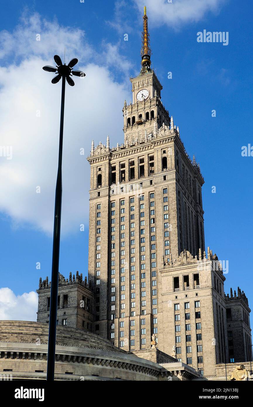 The Palace of Culture and Science, or Pałac Kultury i Nauki, (also abbreviated to PKiN)and Congress Hall in Warsaw, Poland. architecture, Stock Photo