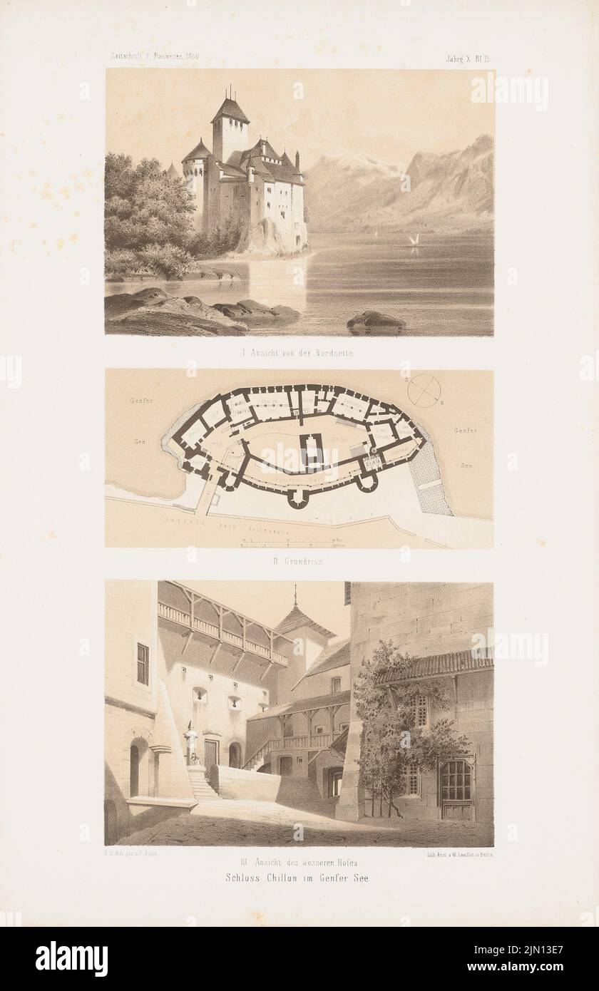 Adler Friedrich (1827-1908), Chillon Castle on Lake Geneva, Montreux. (From: Atlas to the magazine for Building, ed. V. G. Erbkam, Jg. 10, 1860.) (1860-1860): floor plan, perspective views of the north and the courtyard side. Lithograph colored on paper, 45.2 x 29.2 cm (including scan edges) Adler Friedrich  (1827-1908): Schloss Chillon am Genfer See, Montreux. (Aus: Atlas zur Zeitschrift für Bauwesen, hrsg. v. G. Erbkam, Jg. 10, 1860) Stock Photo
