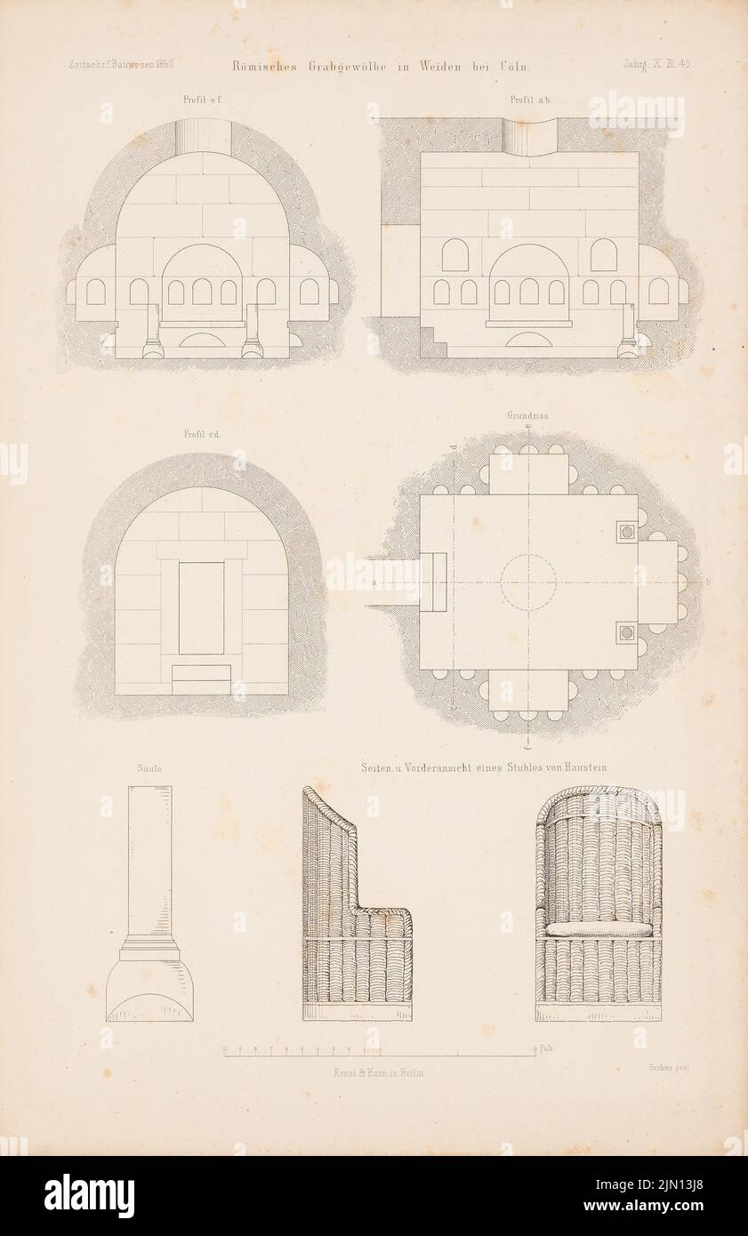 N.N., Roman grave vaults, Cologne-Weiden. (From: Atlas to the magazine for Building, ed. V. G. Erbkam, Jg. 10, 1860.) (1860-1860): floor plan, cut a b, c d, e f, details. Stitch on paper, 45.2 x 29.3 cm (including scan edges) N.N. : Römisches Grabgewölbe, Köln-Weiden. (Aus: Atlas zur Zeitschrift für Bauwesen, hrsg. v. G. Erbkam, Jg. 10, 1860) Stock Photo