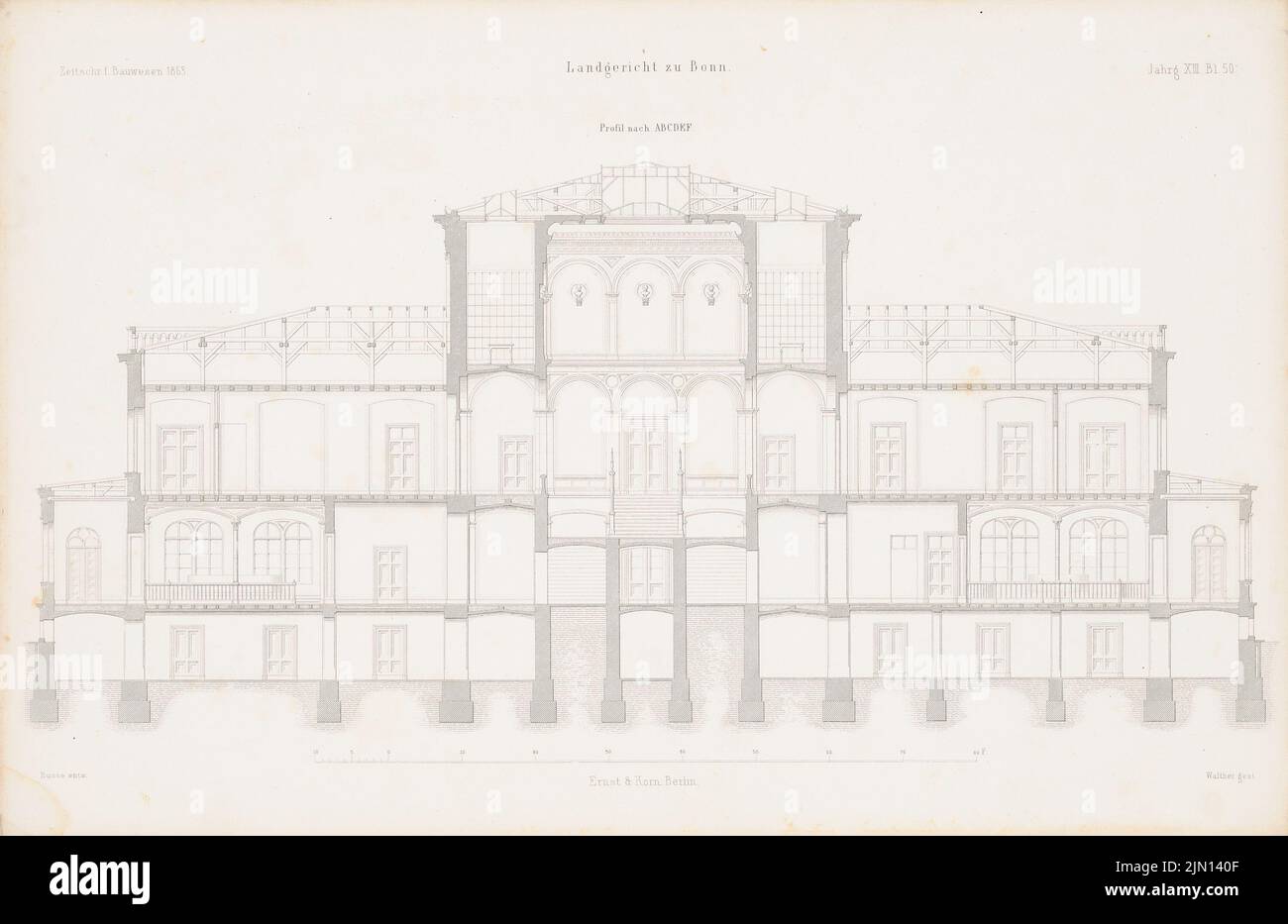 Busse Carl Ferdinand (1802-1868), district court, Bonn. (From: Atlas to the magazine for Building, ed. V. G. Erbkam, Jg. 13, 1863.) (1863-1863): Cut A B C D E F. Stich on paper, 29.4 x 45.4 cm (incl. Scan edges ) Busse Carl Ferdinand  (1802-1868): Landgericht, Bonn. (Aus: Atlas zur Zeitschrift für Bauwesen, hrsg. v. G. Erbkam, Jg. 13, 1863) Stock Photo
