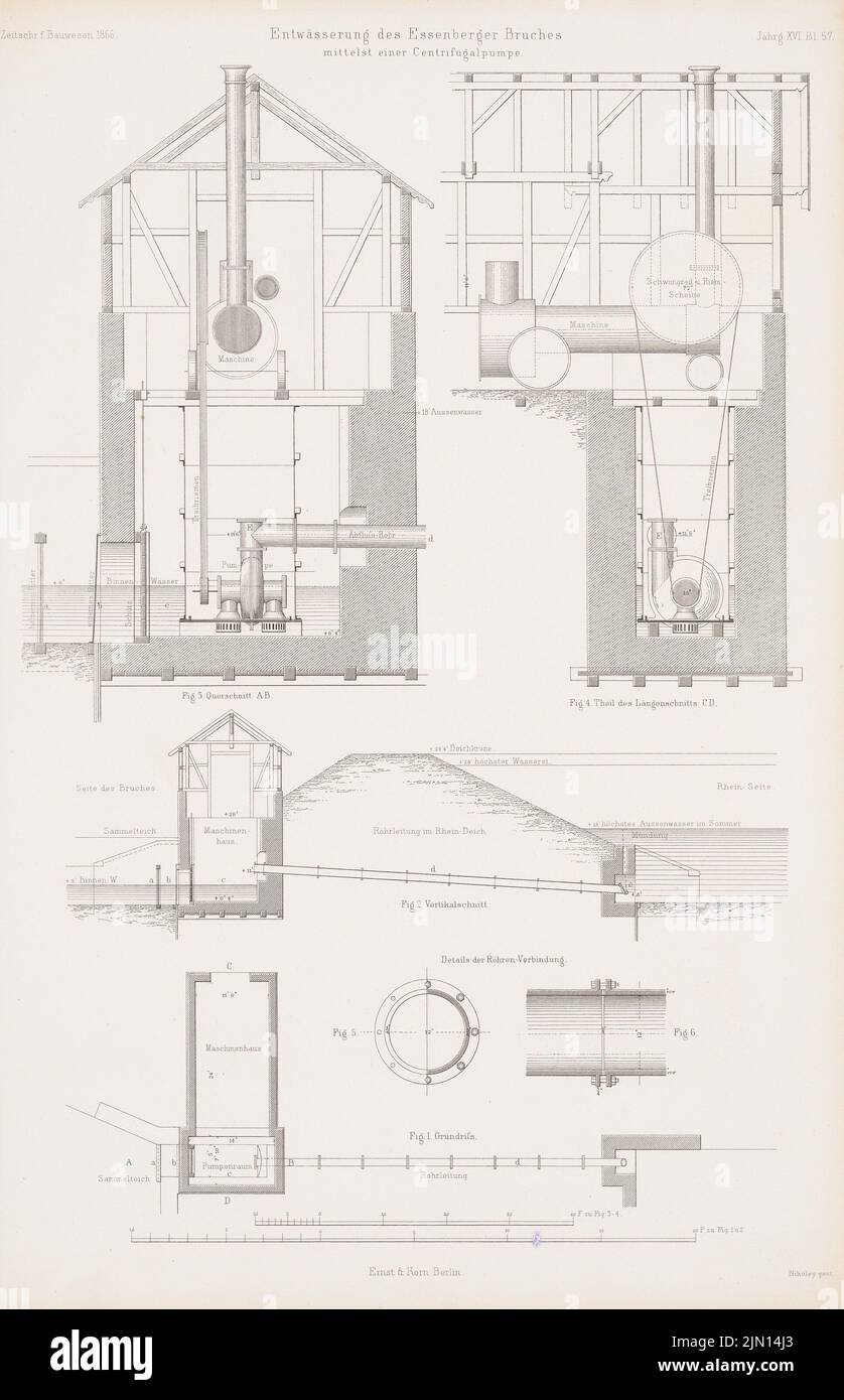 N.N., drainage of the Essenberger Bruches, Brilon. (From: Atlas to the magazine for Building, ed. V. G. Erbkam, Jg. 16, 1866.) (1866-1866): cuts, details. Stitch on paper, 44 x 28.4 cm (including scan edges) N.N. : Entwässerung des Essenberger Bruches, Brilon. (Aus: Atlas zur Zeitschrift für Bauwesen, hrsg. v. G. Erbkam, Jg. 16, 1866) Stock Photo