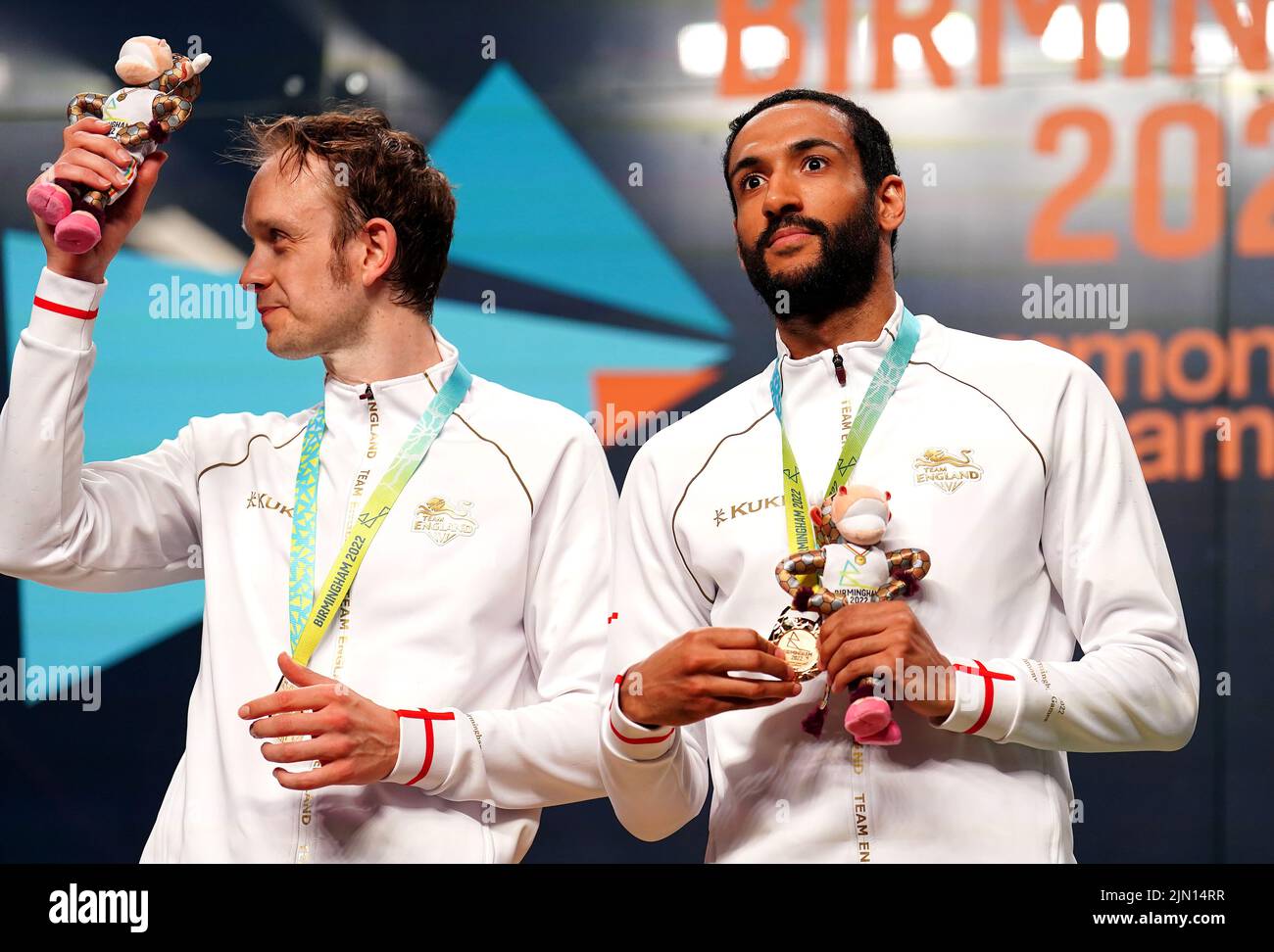 England's James Willstrop (left) and Declan James with the gold medal after the Men's Squash Doubles Medal match at the University of Birmingham Hockey and Squash Centre on day eleven of the 2022 Commonwealth Games in Birmingham. Picture date: Monday August 8, 2022. Stock Photo