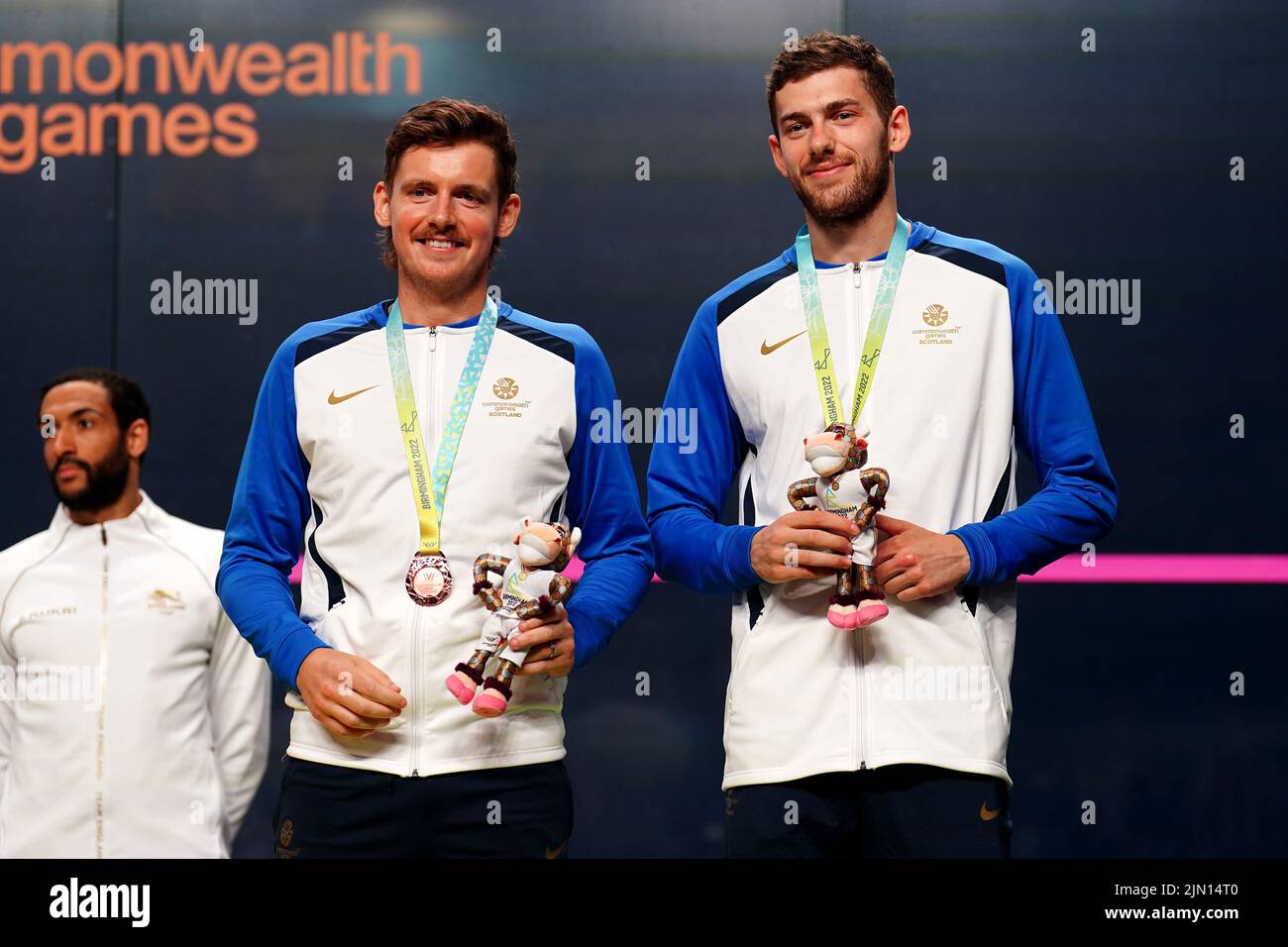 Scotland's Greg Lobban and Rory Stewart with the bronze medals after the Men's Squash Double Bronze medal match at the University of Birmingham Hockey and Squash Centre on day eleven of the 2022 Commonwealth Games in Birmingham. Picture date: Monday August 8, 2022. Stock Photo