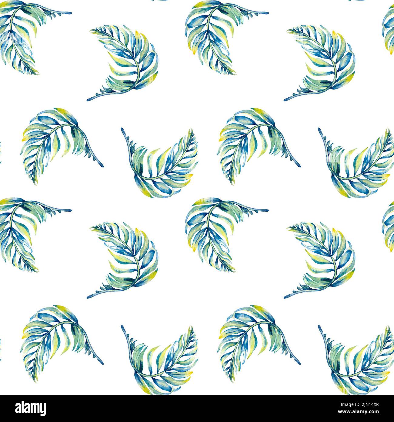 Exotic blue palm leaves seamless pattern watercolor illustration isolated. Floral print. Colorful tropical plants, palm elements, design for fabric, t Stock Photo