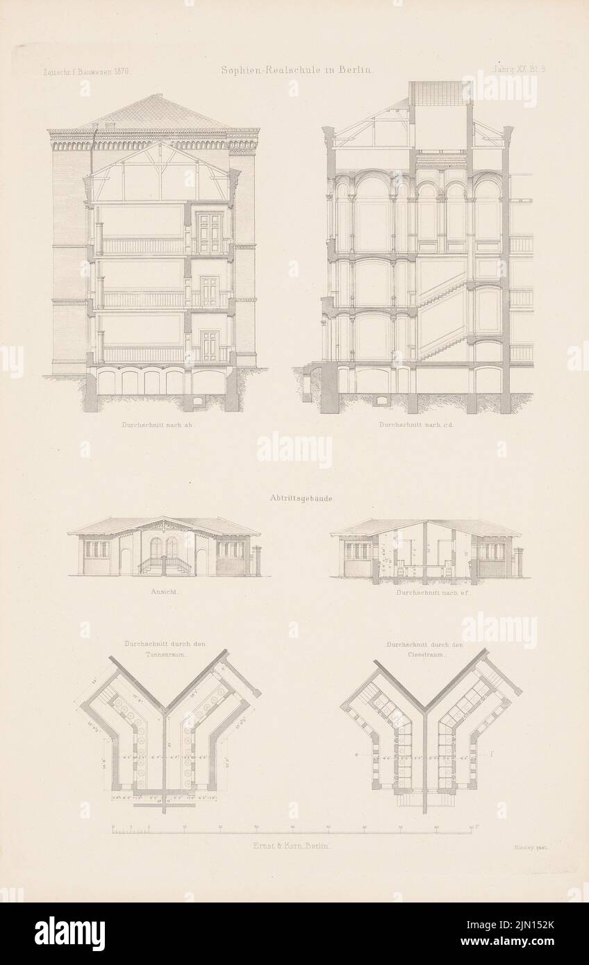 N.N., Sophien-Realschule, Berlin. (From: Atlas to the magazine for Building, ed. V. G. Erbkam, Jg. 20, 1870.) (1870-1870): Cut A B, Cutt C D, floor plans, view, cut E F riding building. Stitch on paper, 43.6 x 28.5 cm (including scan edges) Gerstenberg Adolf : Sophien-Realschule, Berlin. (Aus: Atlas zur Zeitschrift für Bauwesen, hrsg. v. G. Erbkam, Jg. 20, 1870) Stock Photo