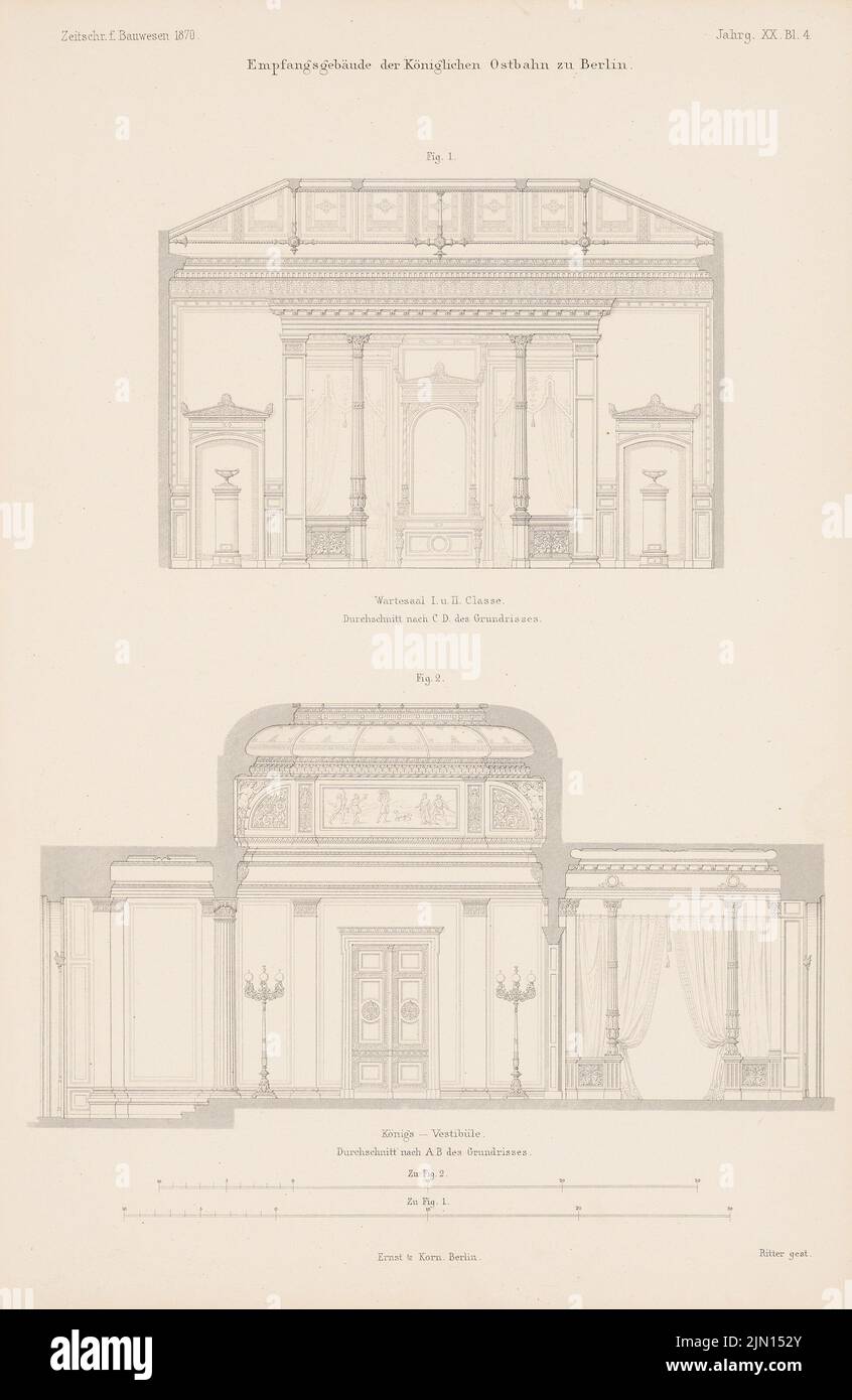 N.N., reception building of the Royal Ostbahn, Berlin. (From: Atlas to the magazine for Building, ed. V. G. Erbkam, Jg. 20, 1870.) (1870-1870): cross section C D through the waiting room, cut a b vestibül. Stitch on paper, 43.8 x 28.5 cm (including scan edges) Lohse Adolf  (1807-1867): Königliche Ostbahn. Ostbahnhof, Berlin. (Aus: Atlas zur Zeitschrift für Bauwesen, hrsg. v. G. Erbkam, Jg. 20, 1870) Stock Photo