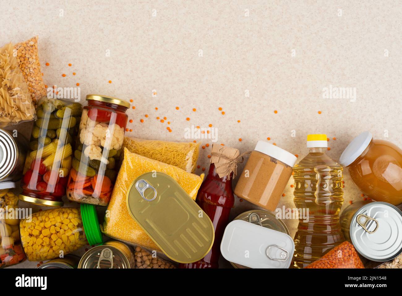 Emergency groceries food background with copyspace Stock Photo