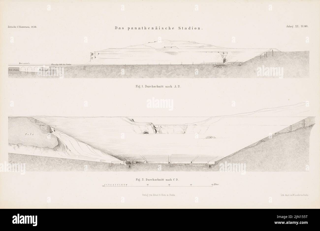 N.N., The Panathenean stadium. (From: Atlas to the magazine for Building, ed. V. G. Erbkam, Jg. 20, 1870.) (1870-1870): Cut A B, cut C D. Lithography on paper, 28.8 x 44.1 cm ( including scan edges) N.N. : Das panathenäische Stadion. (Aus: Atlas zur Zeitschrift für Bauwesen, hrsg. v. G. Erbkam, Jg. 20, 1870) Stock Photo
