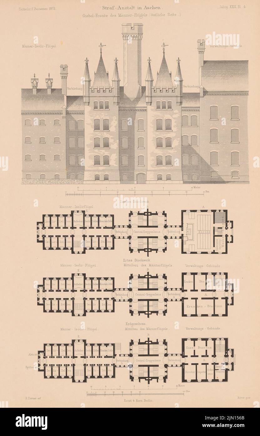 Cremer Robert (1826-1882), prison, Aachen. (From: Atlas to the magazine for Building, ed. V. G. Erbkam, Jg. 22, 1872.) (1872-1872): Grundriss eG, 2nd floor of men's wing and administration building, view from the gable sides of men's wings. Stitch on paper, 43.3 x 27.7 cm (including scan edges) Cremer Robert  (1826-1882): Strafanstalt, Aachen. (Aus: Atlas zur Zeitschrift für Bauwesen, hrsg. v. G. Erbkam, Jg. 22, 1872) Stock Photo