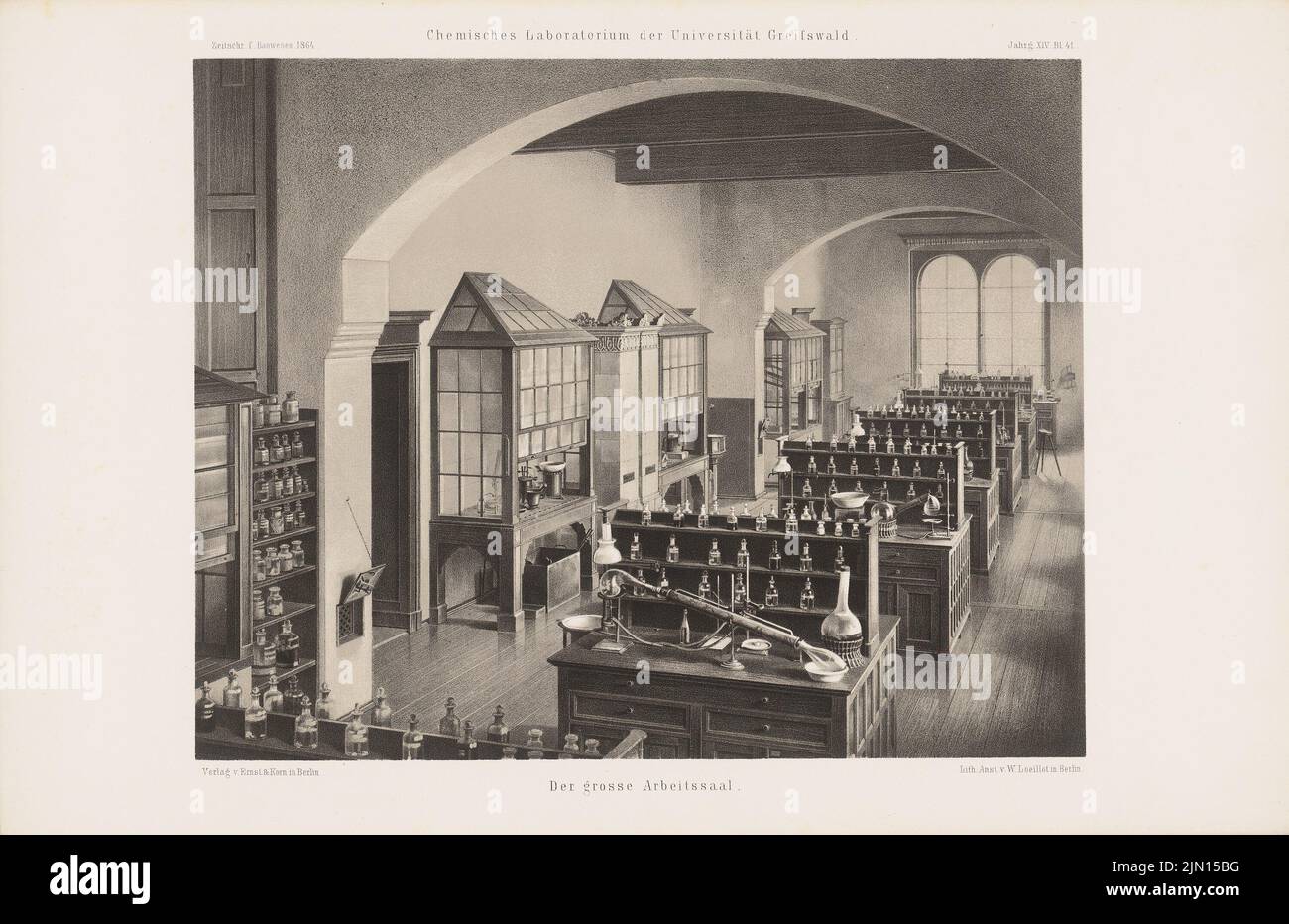 N.N., University of Greifswald. Chemical institute. (From: Atlas to the magazine for Building, ed. V. G. Erbkam, born 14, 1864.) (1864-1864): Perspective interior view of a large working room. Lithograph on paper, 29.4 x 45.4 cm (including scan edges) Müller Georg : Universität Greifswald. Chemisches Institut. (Aus: Atlas zur Zeitschrift für Bauwesen, hrsg. v. G. Erbkam, Jg. 14, 1864) Stock Photo