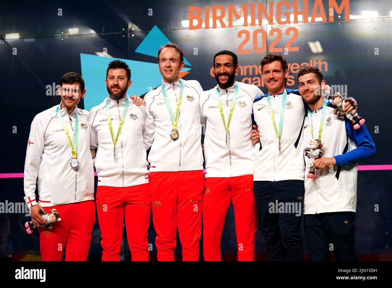 England's James Willstrop and Declan James (centre) with the gold medal, England's Adrian Waller and Daryl Selby (left) with the silver medal and Scotland's Greg Lobban and Rory Stewart with the bronze medals after the Men's Squash Doubles Medal match at the University of Birmingham Hockey and Squash Centre on day eleven of the 2022 Commonwealth Games in Birmingham. Picture date: Monday August 8, 2022. Stock Photo