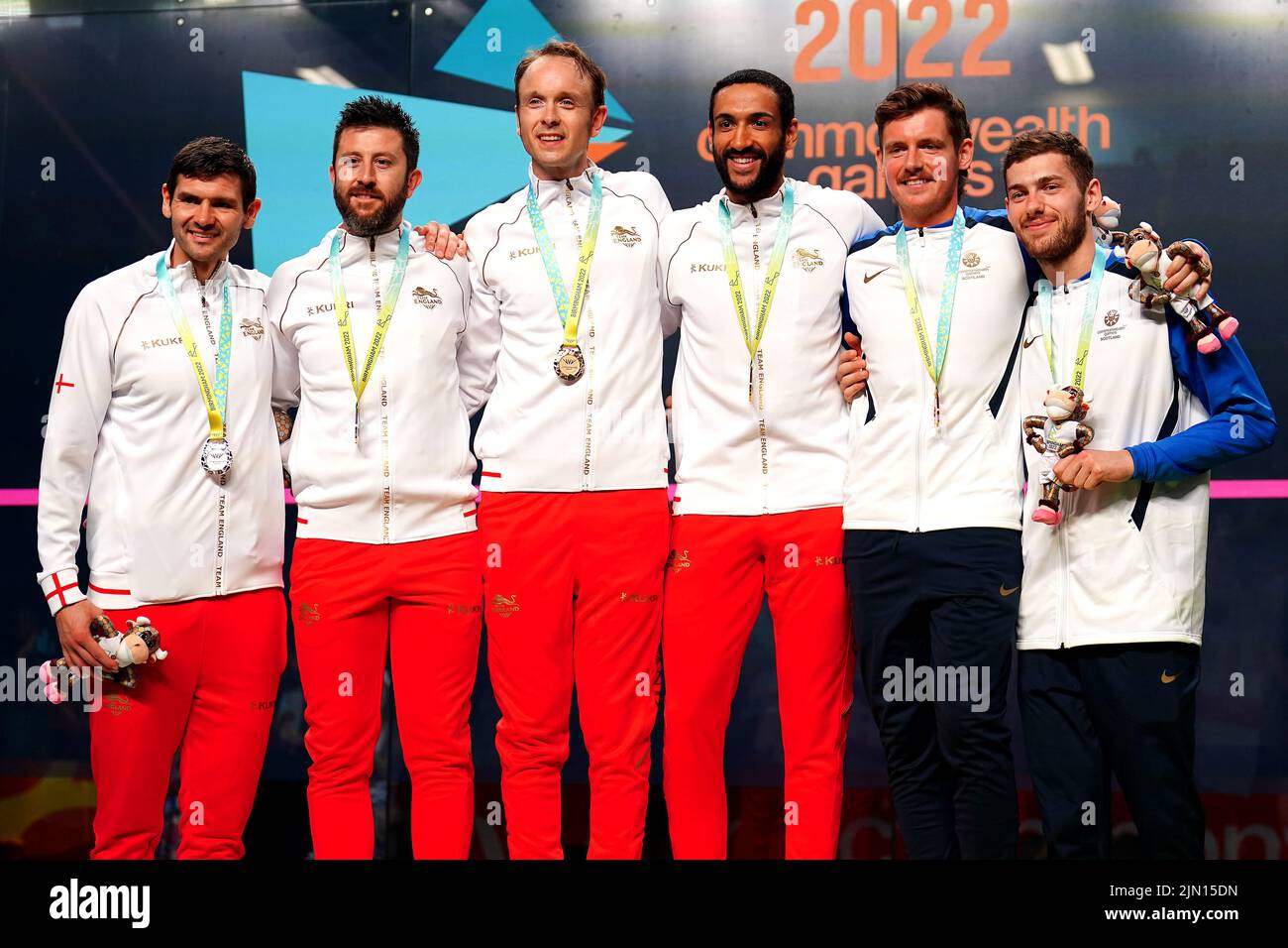 England's James Willstrop and Declan James (centre) with the gold medal, England's Adrian Waller and Daryl Selby (left) with the silver medal and Scotland's Greg Lobban and Rory Stewart with the bronze medals after the Men's Squash Doubles Medal match at the University of Birmingham Hockey and Squash Centre on day eleven of the 2022 Commonwealth Games in Birmingham. Picture date: Monday August 8, 2022. Stock Photo