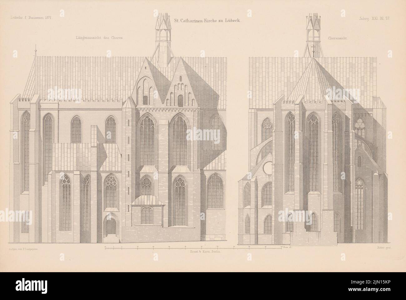 Laspeyres P., St. Catharinen-Kirche, Lübeck. (From: Atlas to the magazine for Building, ed. V. G. Erbkam, Jg. 21, 1871.) (1871-1871): View from the long sides, choir view. Stitch on paper, 29.3 x 43.7 cm (including scan edges) Laspeyres P. : Katharinenkirche, Lübeck. (Aus: Atlas zur Zeitschrift für Bauwesen, hrsg. v. G. Erbkam, Jg. 21, 1871) Stock Photo